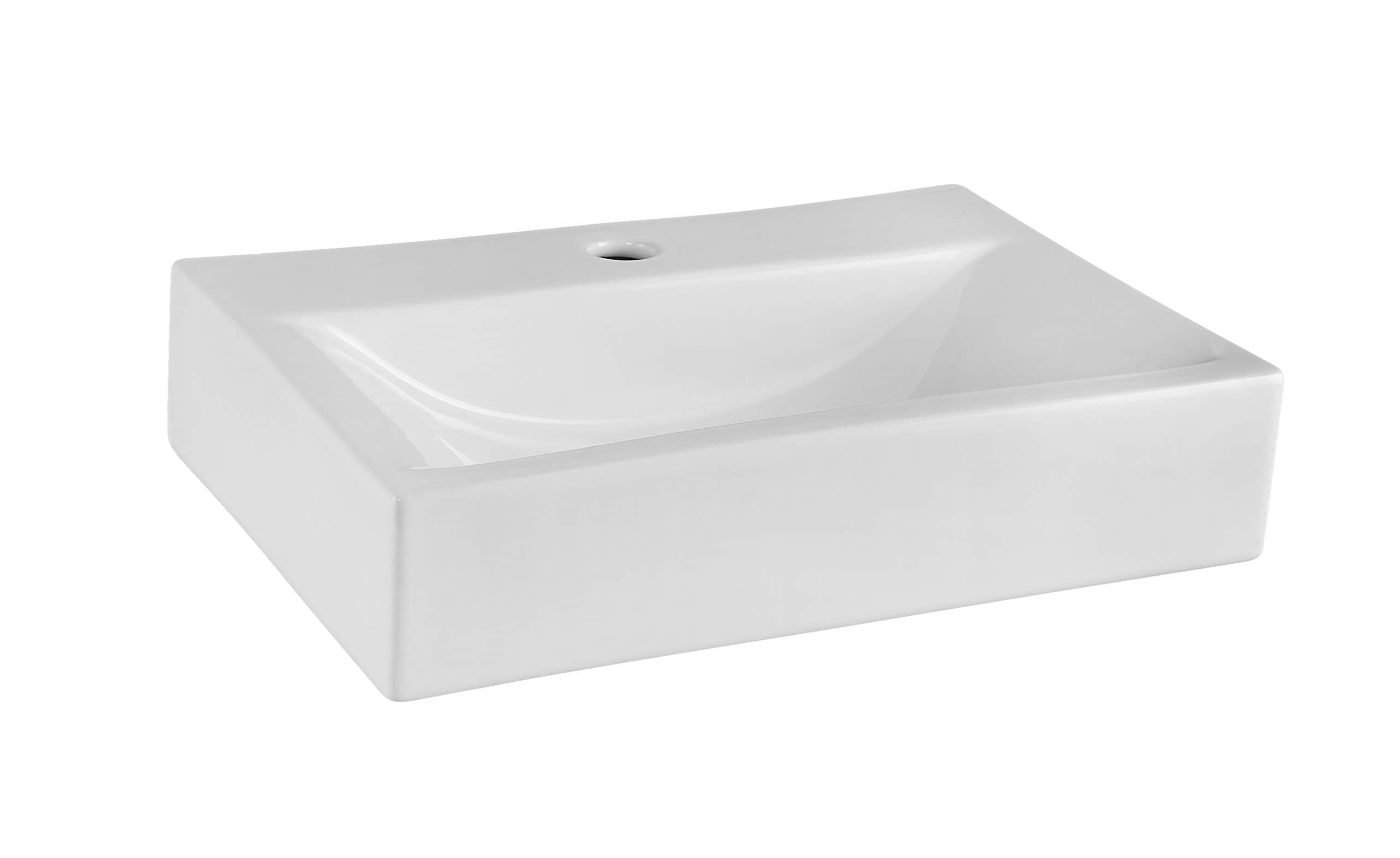 Modern white rectangular bathroom vanity sink with clean lines and smooth finish, ideal for contemporary bathroom designs, featuring an overflow hole for safety.