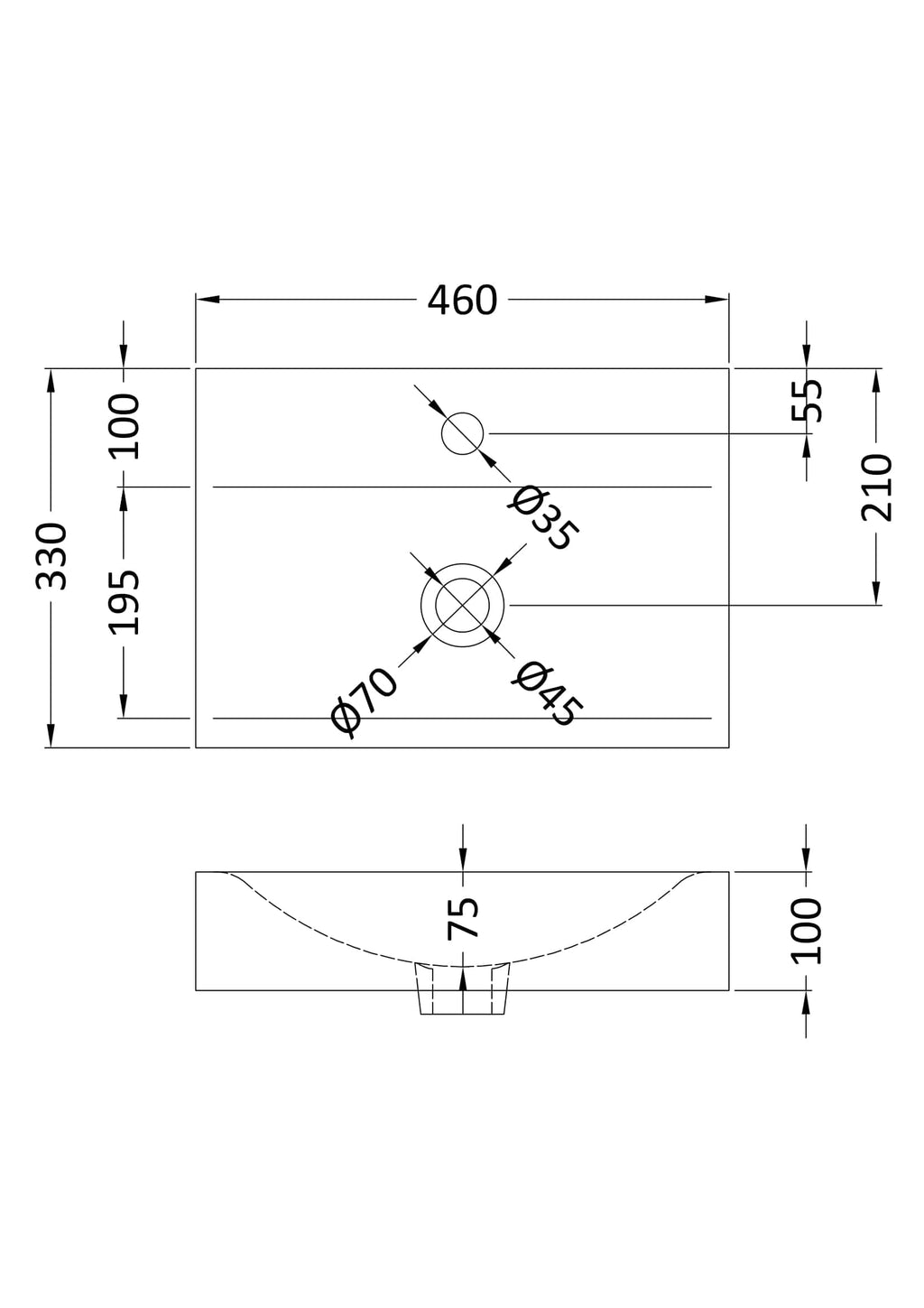 Elegant bathroom sink technical drawing with detailed measurements and plumbing hole placements, ideal for modern Bubly bathrooms and bathroom renovation projects.