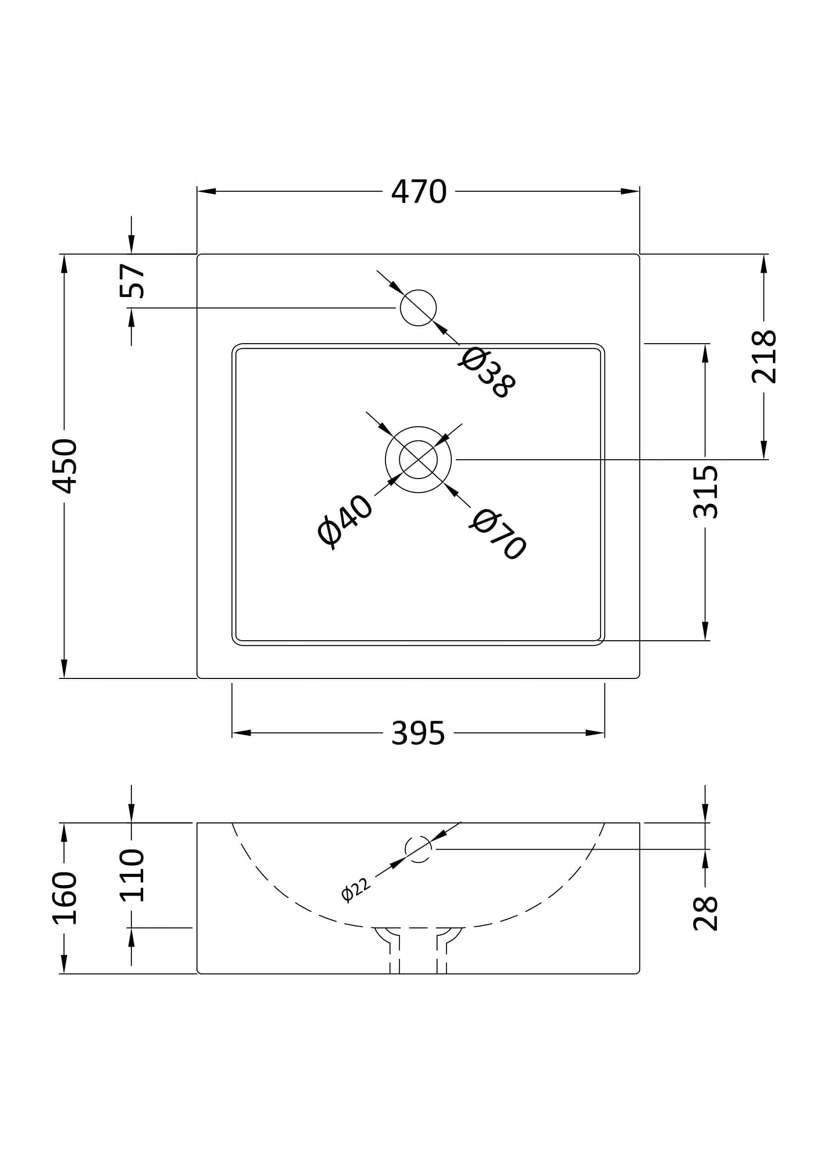 High-quality bathroom sink technical drawing with detailed measurements for perfect installation and plumbing design.
