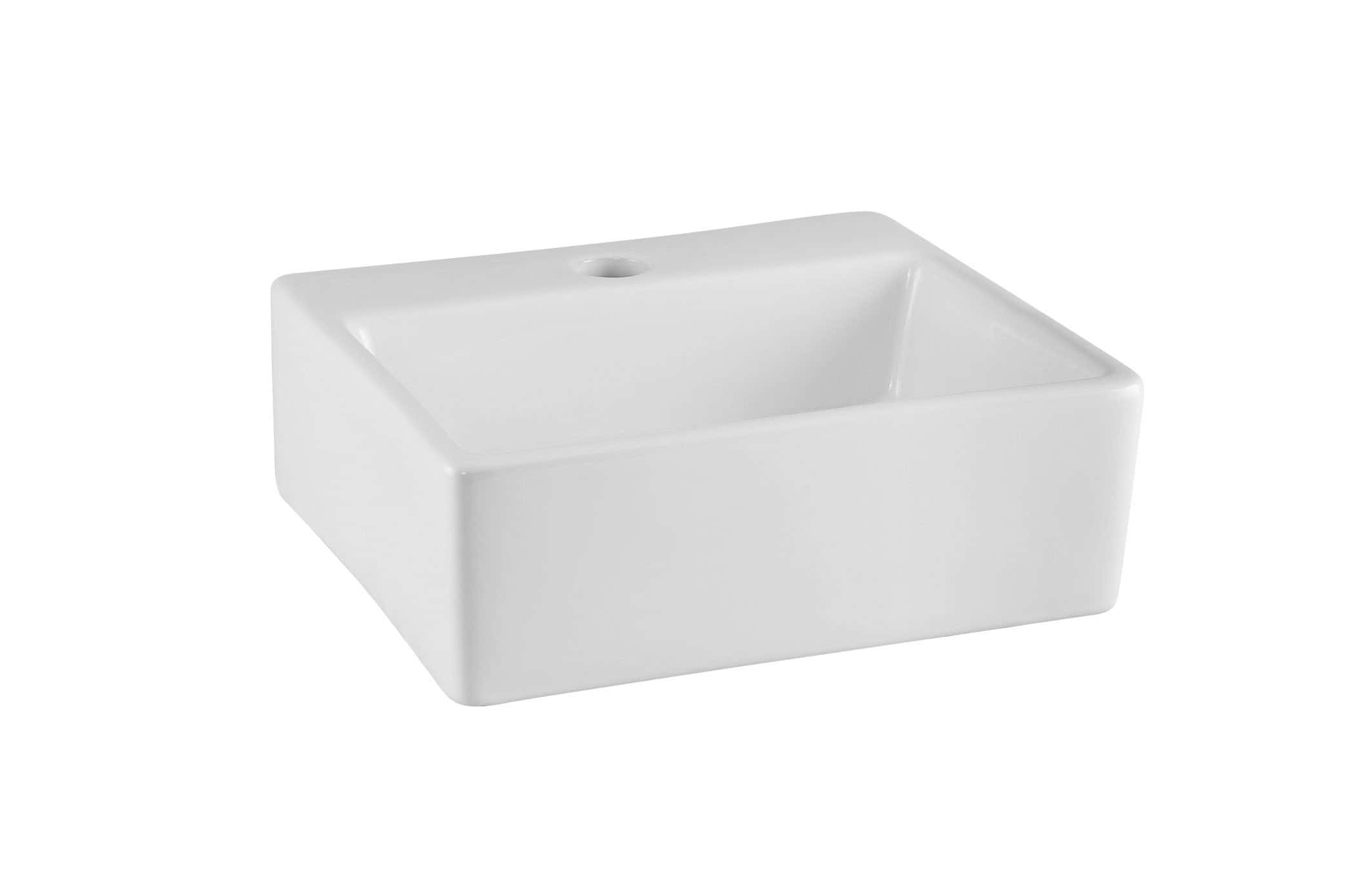 Solid white ceramic bathroom sink with rectangular design, ideal for modern bathroom remodels and fittings, featuring durable glaze and sleek edges.