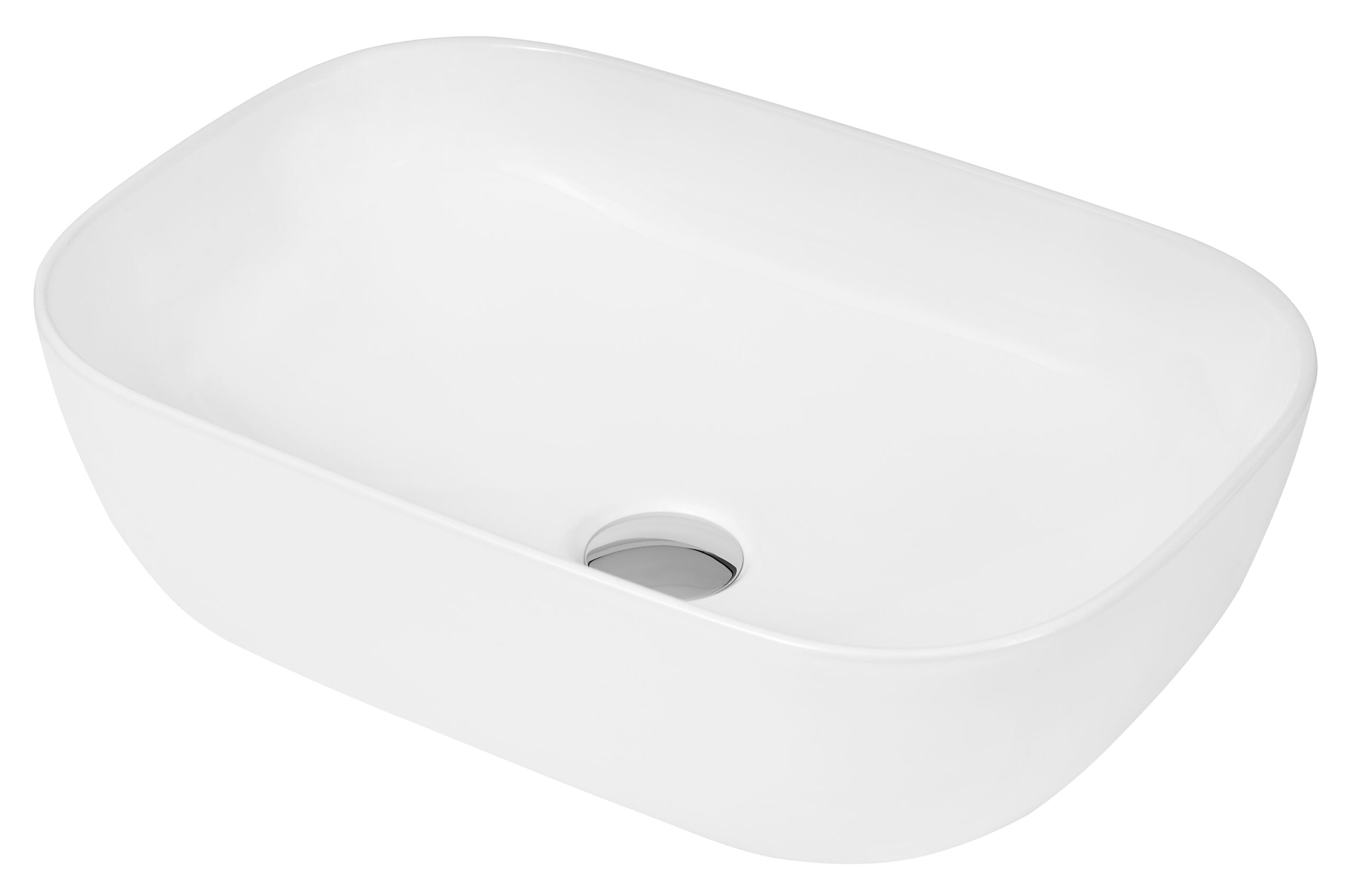 Sleek white rectangular bathroom sink with smooth curves, ideal for modern bathroom design and easy cleaning, featuring a central drain for efficient water flow.