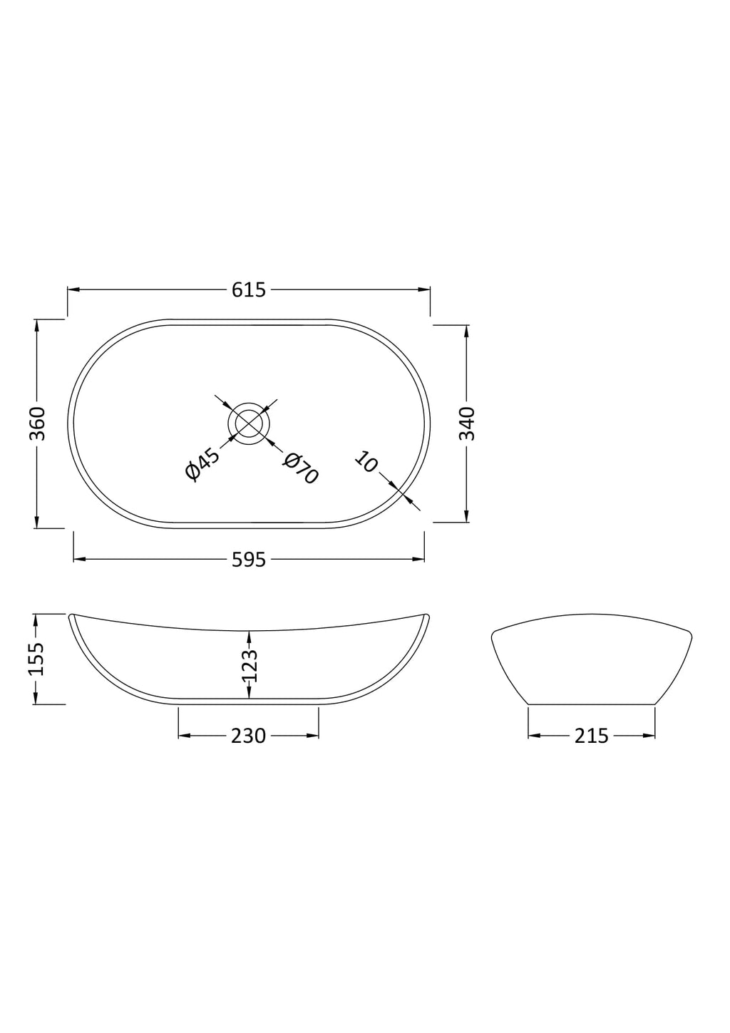 Elegant oval bathroom sink with technical dimensions for Bubly Bathrooms installations, featuring detailed measurements for plumbing and fitting.