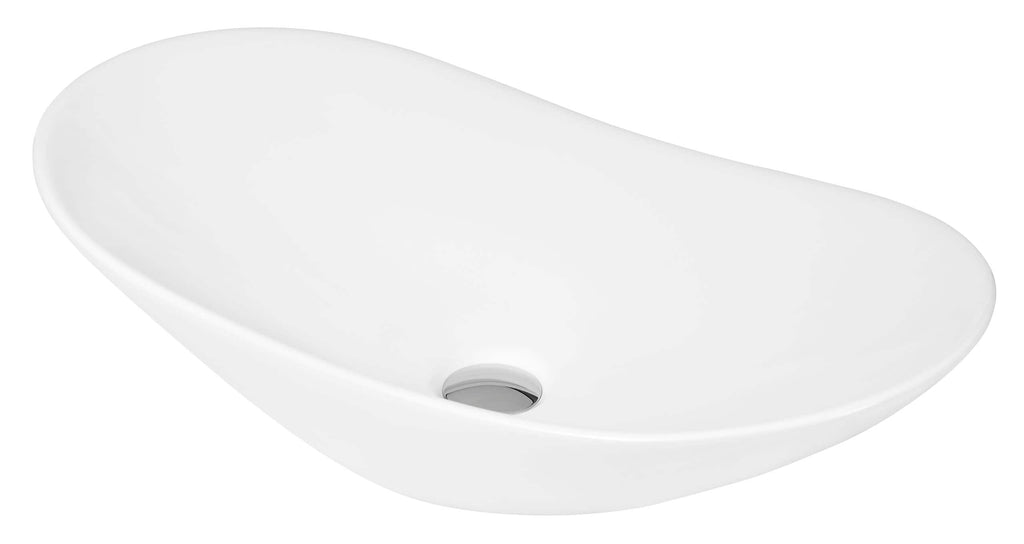 Sleek white bathroom washbasin with modern minimalist design, ideal for contemporary bathrooms, featuring smooth curves and a central drain for elegant functionality.