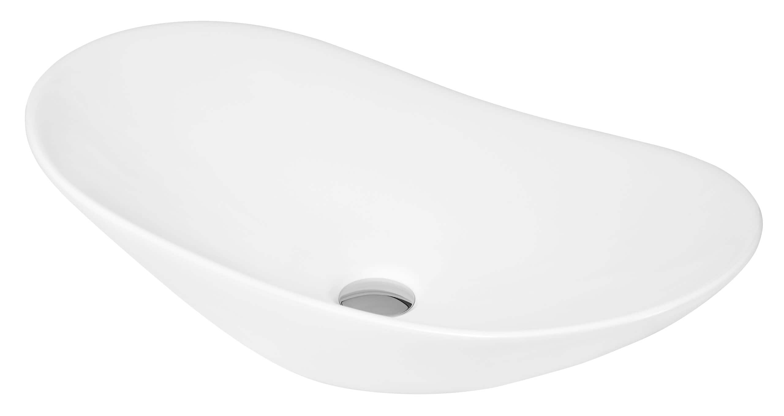 Sleek white bathroom washbasin with modern minimalist design, ideal for contemporary bathrooms, featuring smooth curves and a central drain for elegant functionality.