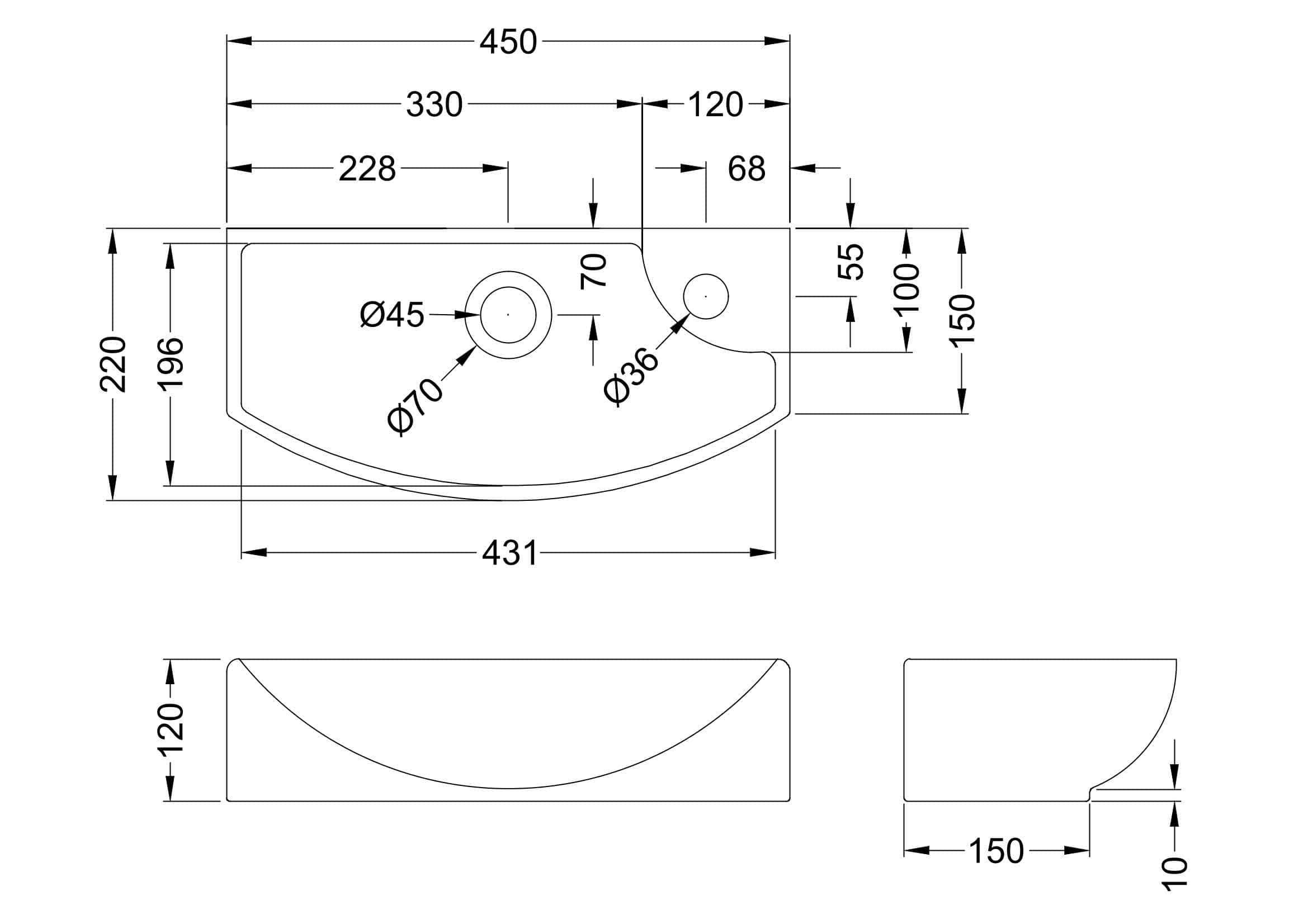 Schematic drawing of a bathroom washbasin with detailed measurements and plumbing specifications, ideal for bathroom renovation and interior design projects.