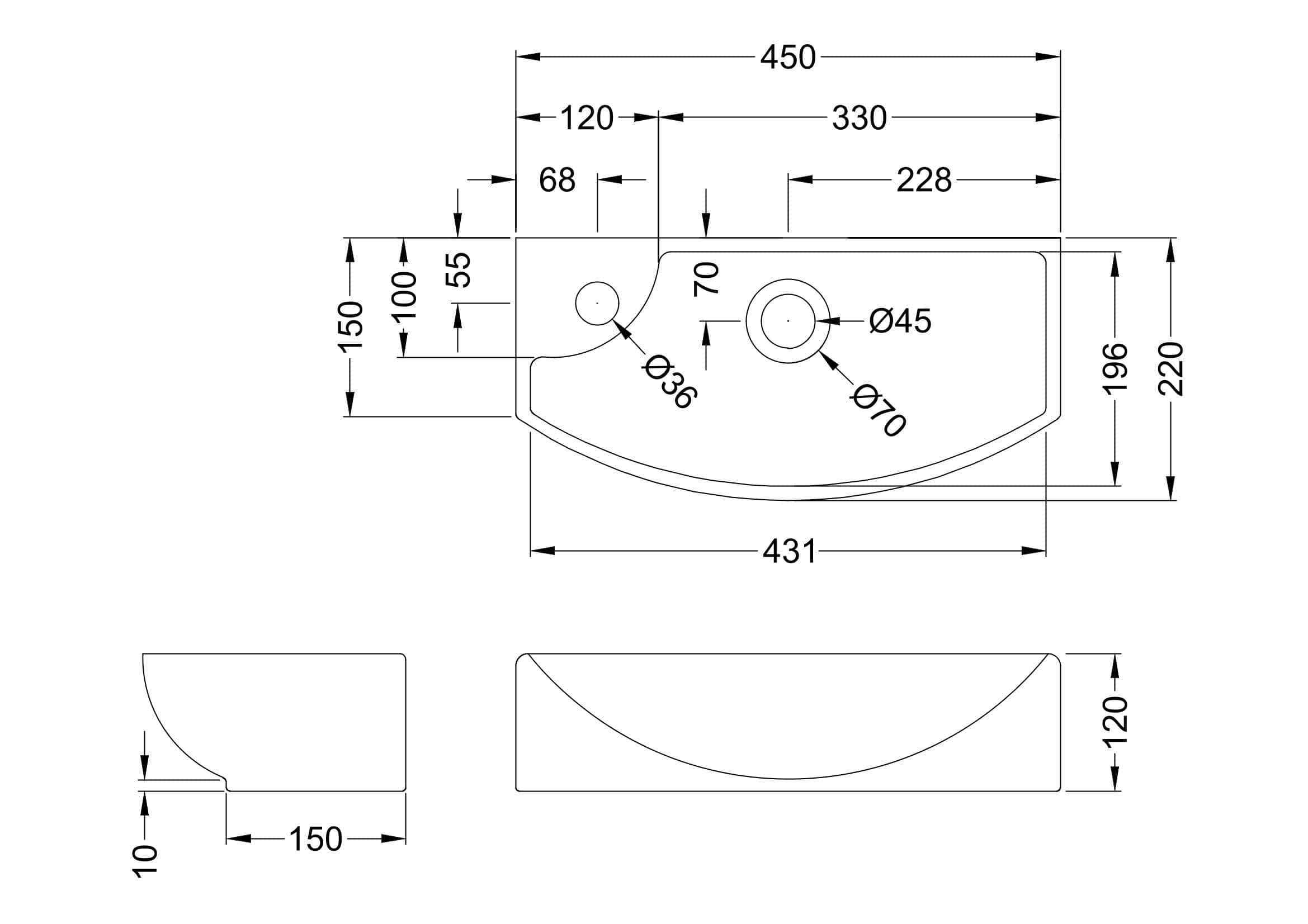 Schematic drawing of a bathroom sink with detailed measurements and drainage hole specifications, suitable for bathroom design or installation planning.