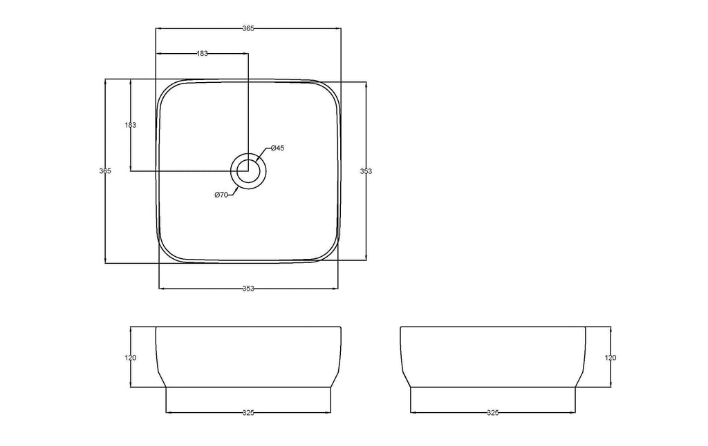 Sleek square bathroom sink with minimalist design, 120mm height, 325mm width, and central drainage, ideal for modern bathroom remodels and installations.