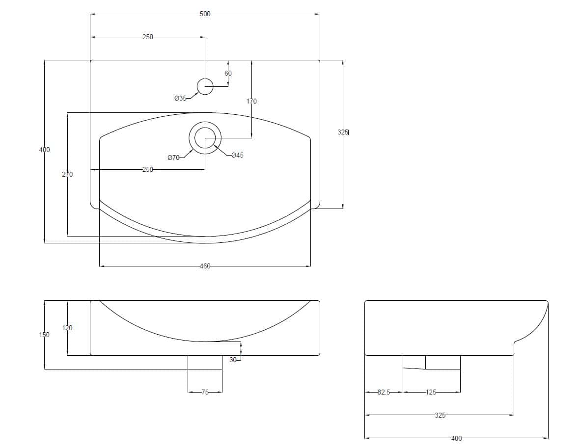 Precision technical drawing of a bathroom sink with detailed dimensions and layout, ideal for bathroom design and renovation projects.
