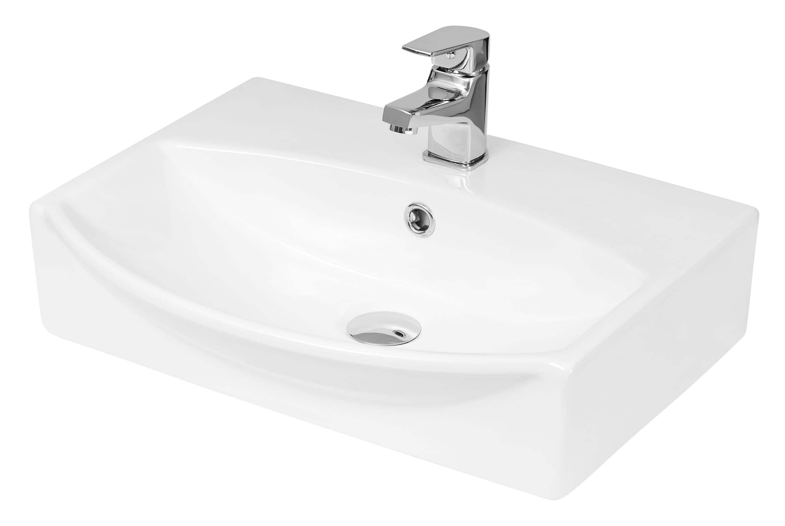 Gloss white bathroom vanity sink with a modern chrome single-handle tap, ideal for contemporary bathroom designs.