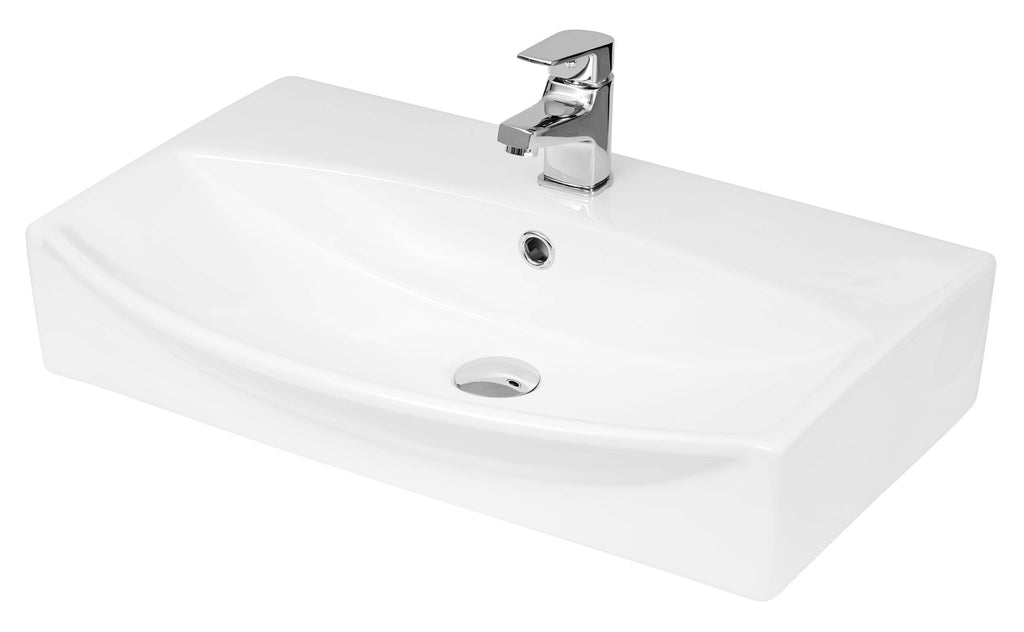 Sleek white bathroom sink with chrome tap suitable for modern bathrooms and washbasins.