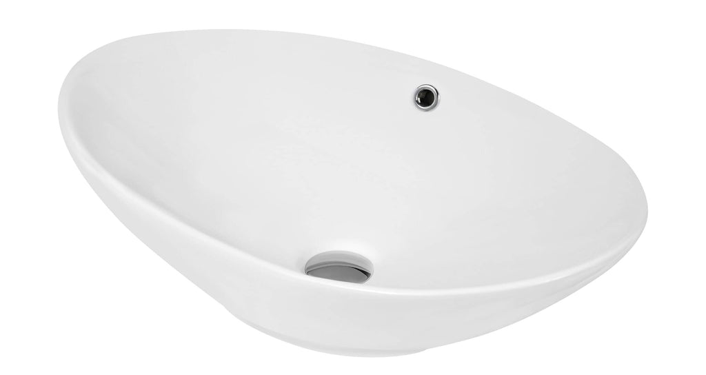 Contemporary white bathroom basin with sleek oval design and modern overflow drain. Perfect for stylish bathroom renovations and modern bathroom designs.