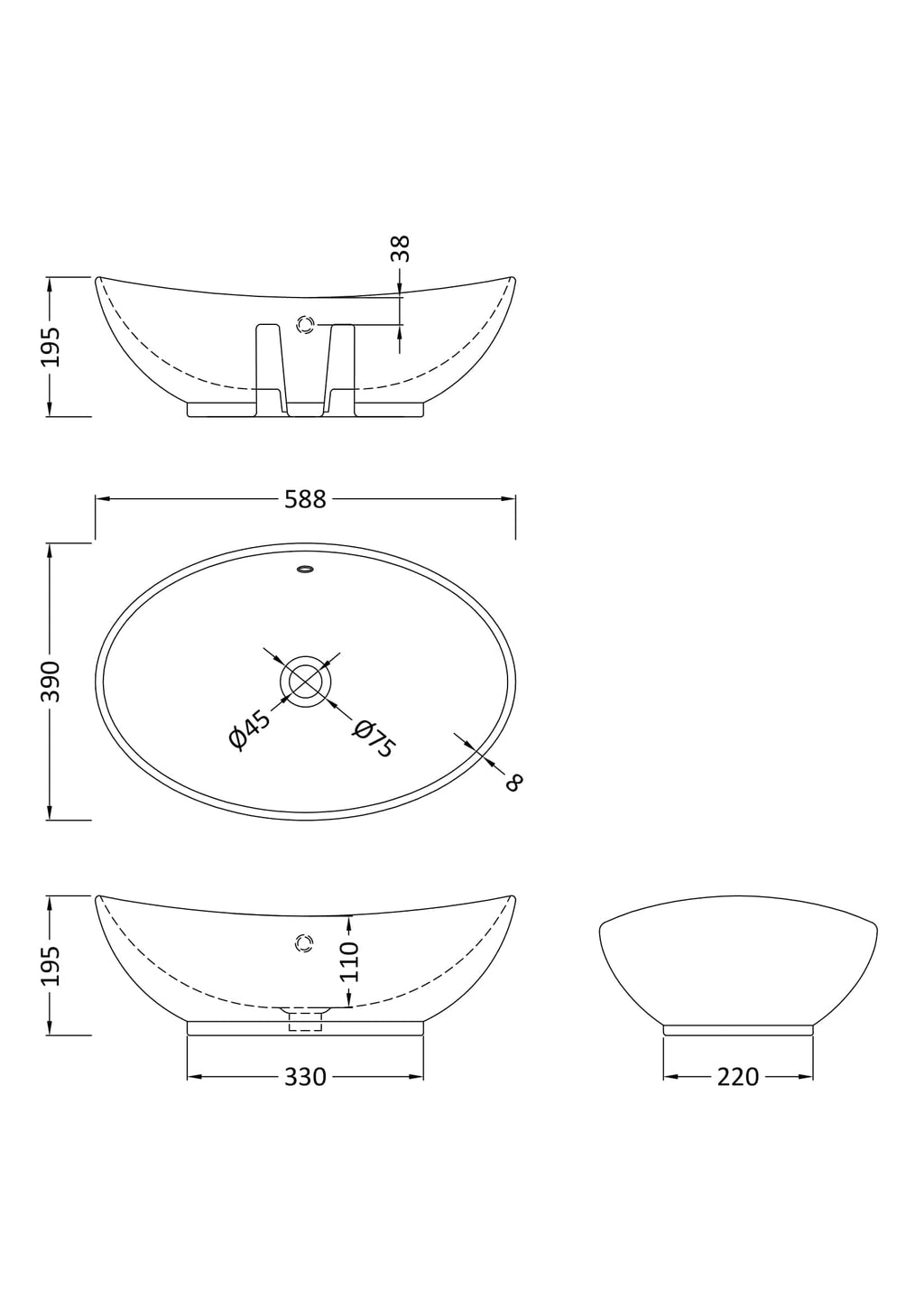 Sleek oval bathroom vessel basin with modern design, detailed technical drawing showing dimensions perfect for luxury Bubly bathrooms.