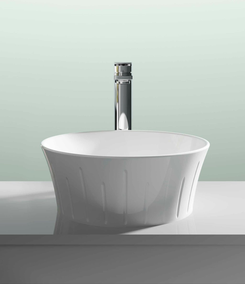 Shiny white ceramic wash basin with modern chrome faucet, ideal for contemporary bathroom decor. Perfect for stylish bathroom sinks and fixtures to enhance your space.