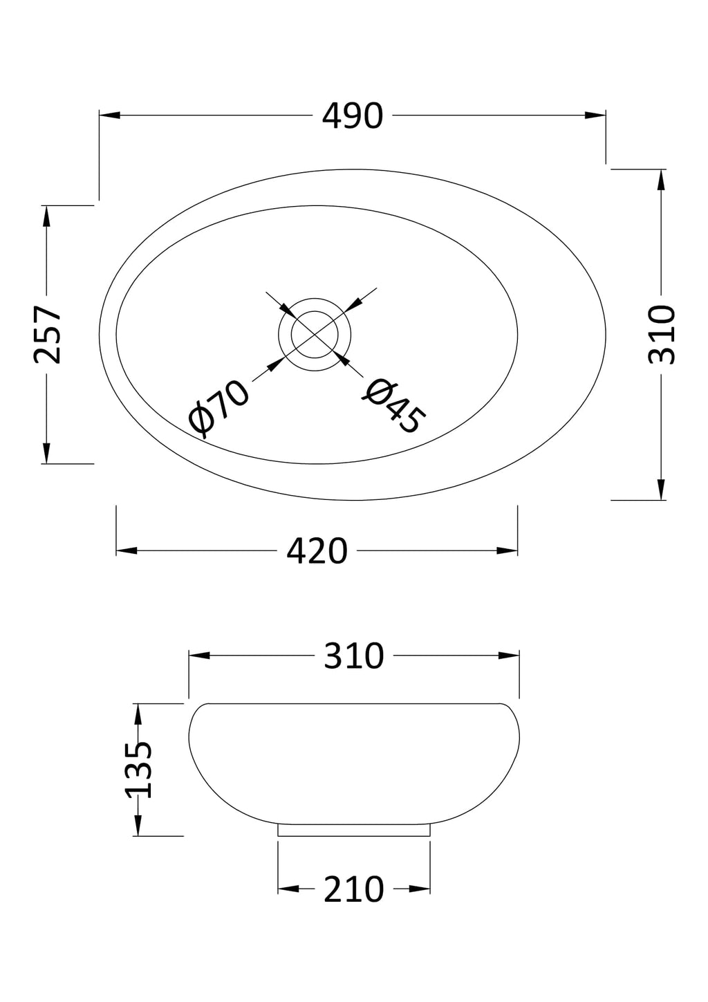 Sleek oval bathroom sink with precise measurements for modern Bubly Bathrooms installations, featuring a 490mm x 257mm top view and 310mm x 135mm front view, perfect for contemporary bathroom design.
