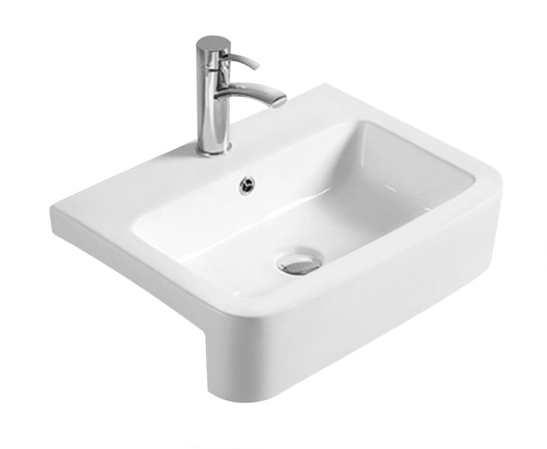 Modern white bathroom sink with chrome tap, ideal for contemporary bathroom renovation and tiling projects. Compact design perfect for small bathrooms or priming spaces.