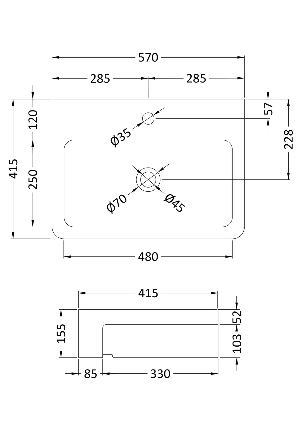 High-quality bathroom sink installation diagram with detailed measurements for modern bathroom design and renovation projects.