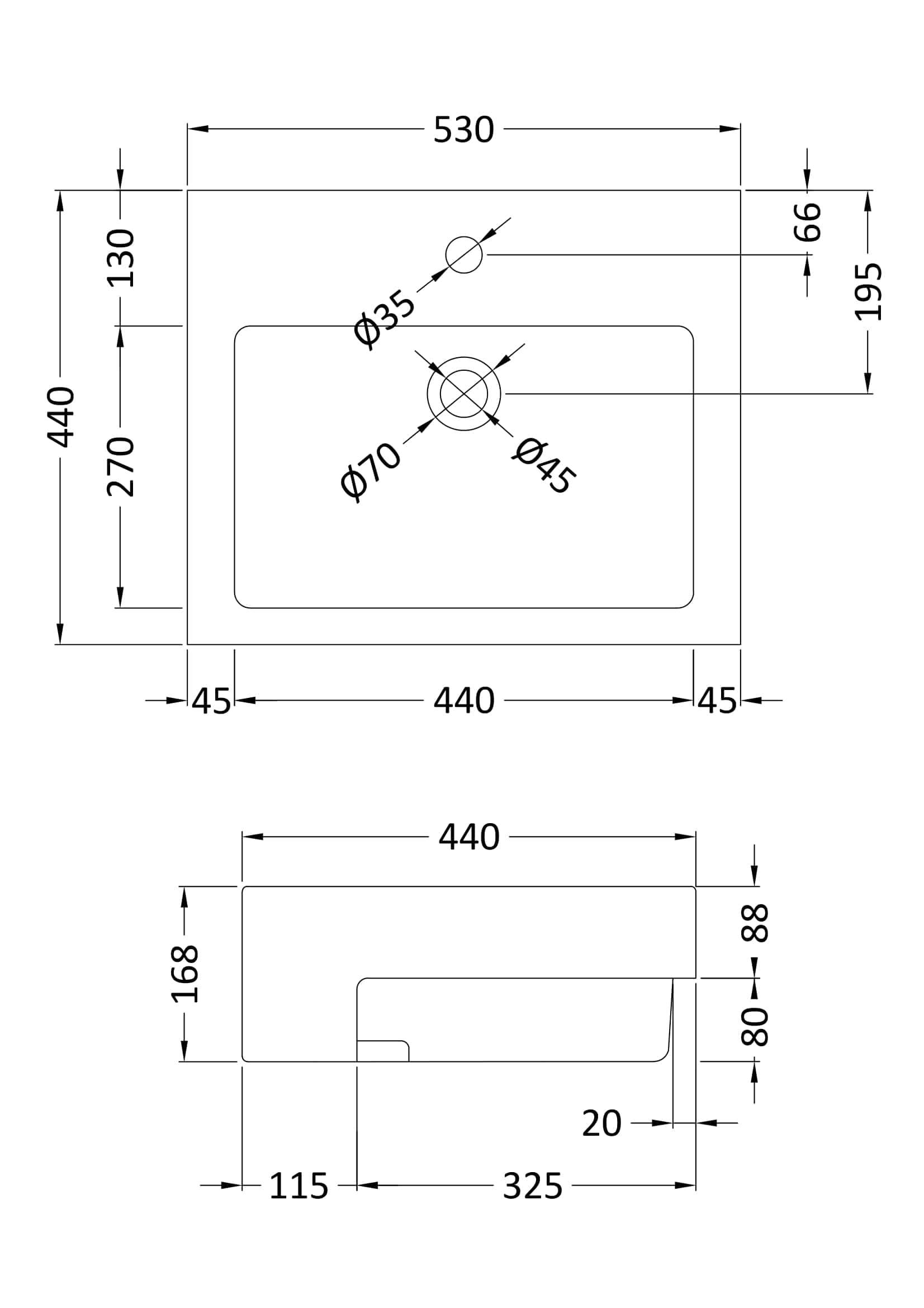 570 x 440 sink technical drawing with precise measurements for bathroom installation.