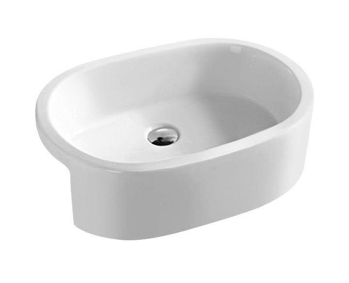 Sleek white oval bathroom sink with smooth glossy finish, ideal for modern bathroom decor and easy cleaning.