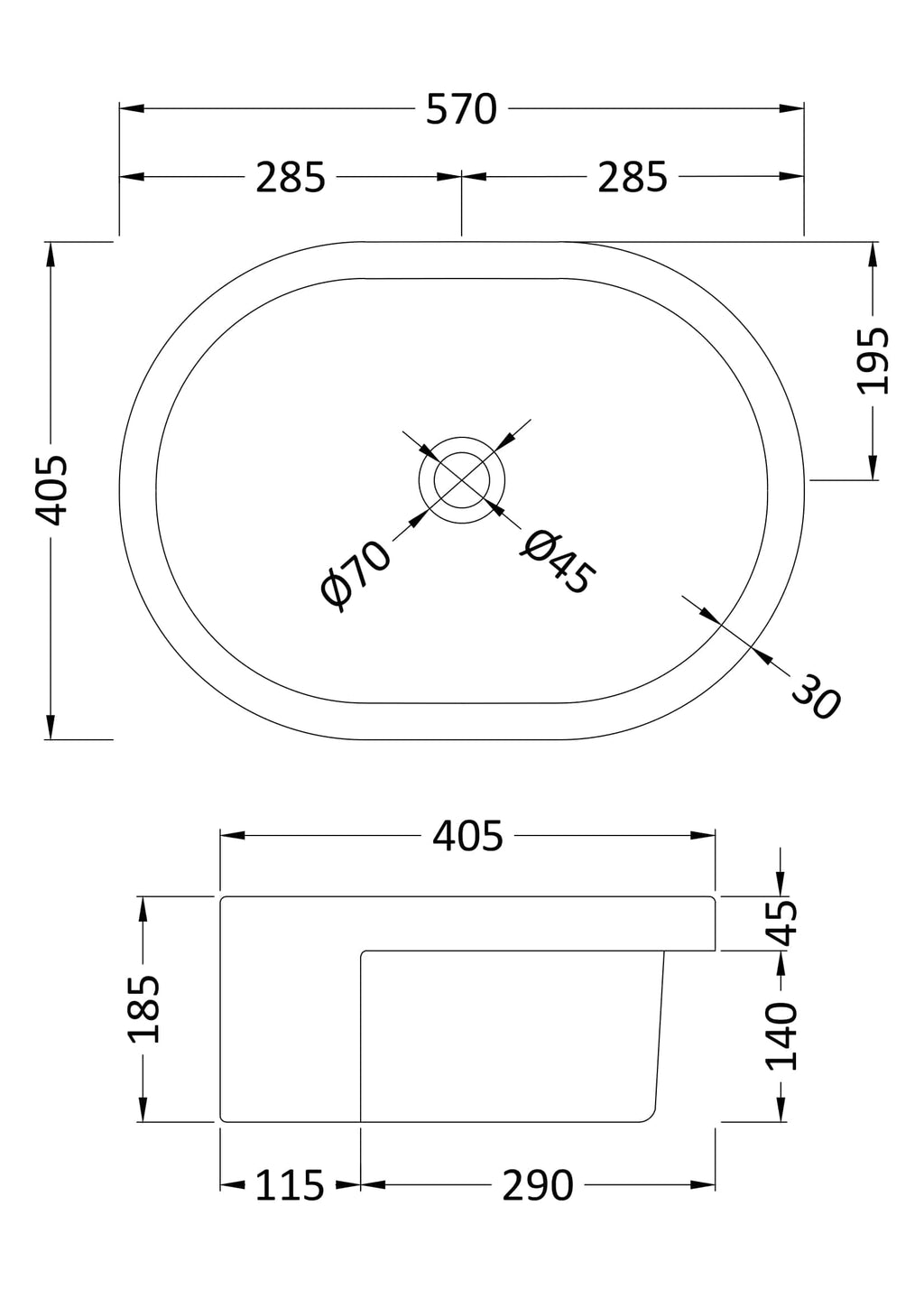 Chrome bathroom sink with detailed dimensions, oval shape, and central drain. Designed for modern bathroom installations, featuring sleek lines and precise measurements for seamless fitting.