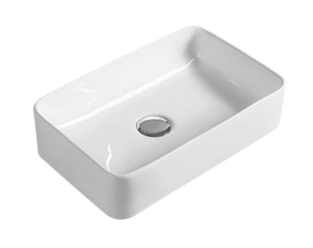 White rectangular ceramic bathroom sink with a modern design and central drain hole.