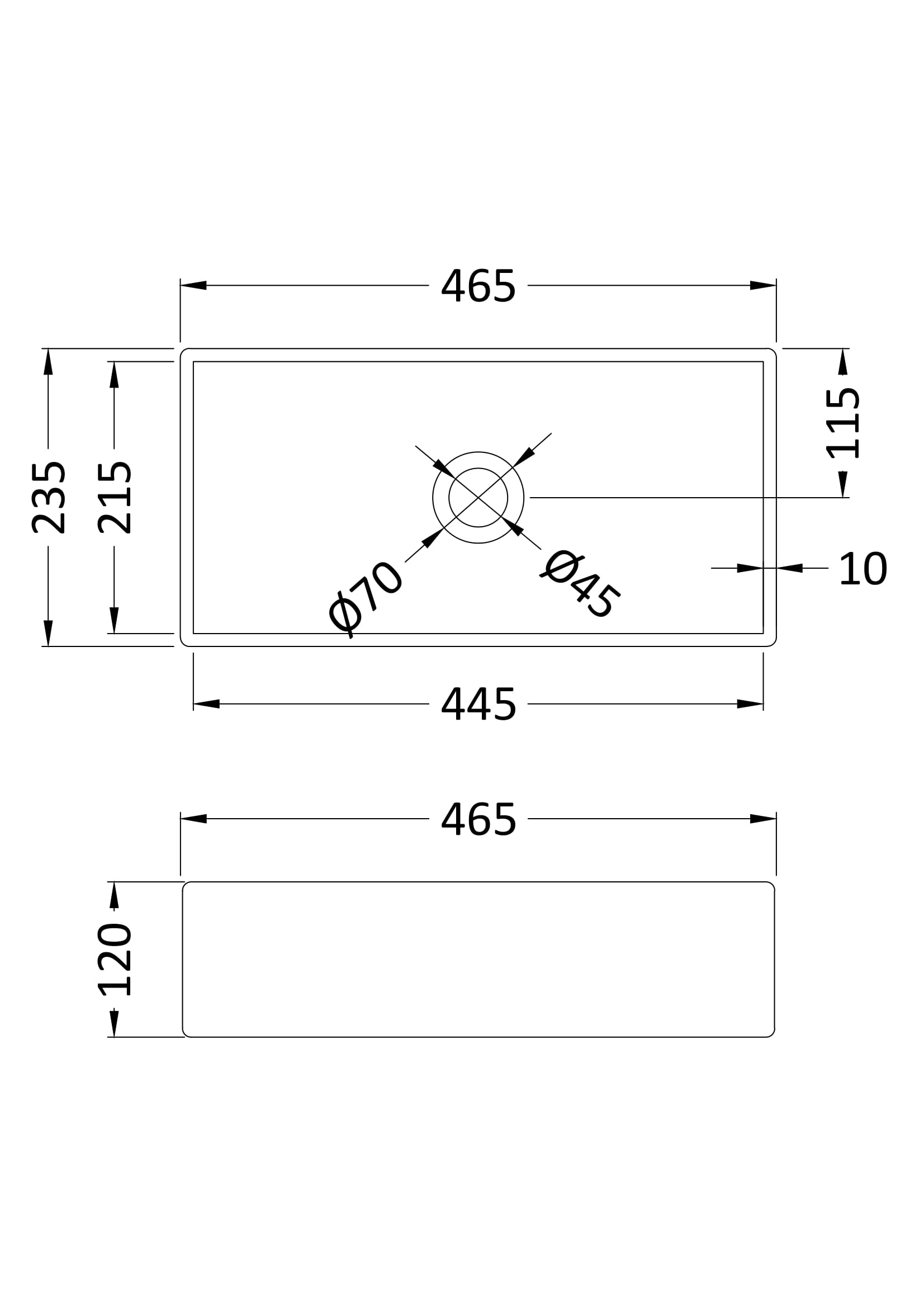 High-quality rectangular bathroom sink with detailed technical dimensions and drain hole specifications for modern Bubly Bathrooms installations.