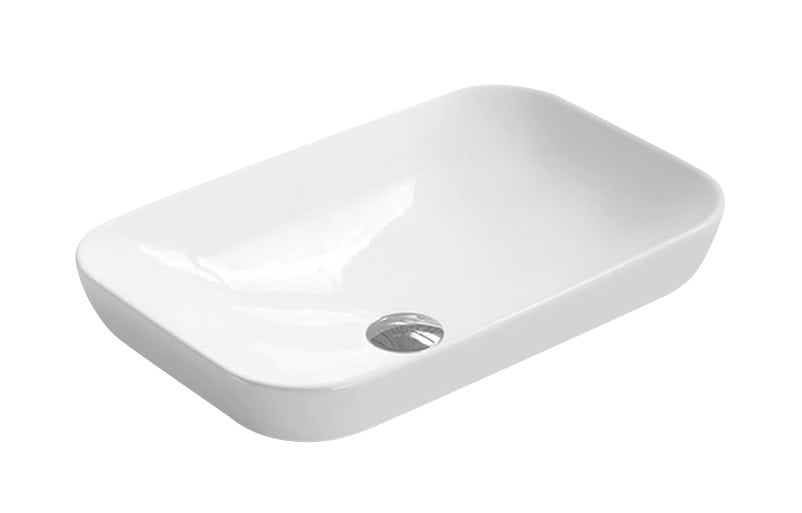 A modern white bathroom sink with smooth, rounded edges and a silver drain, perfect for contemporary bathroom design.