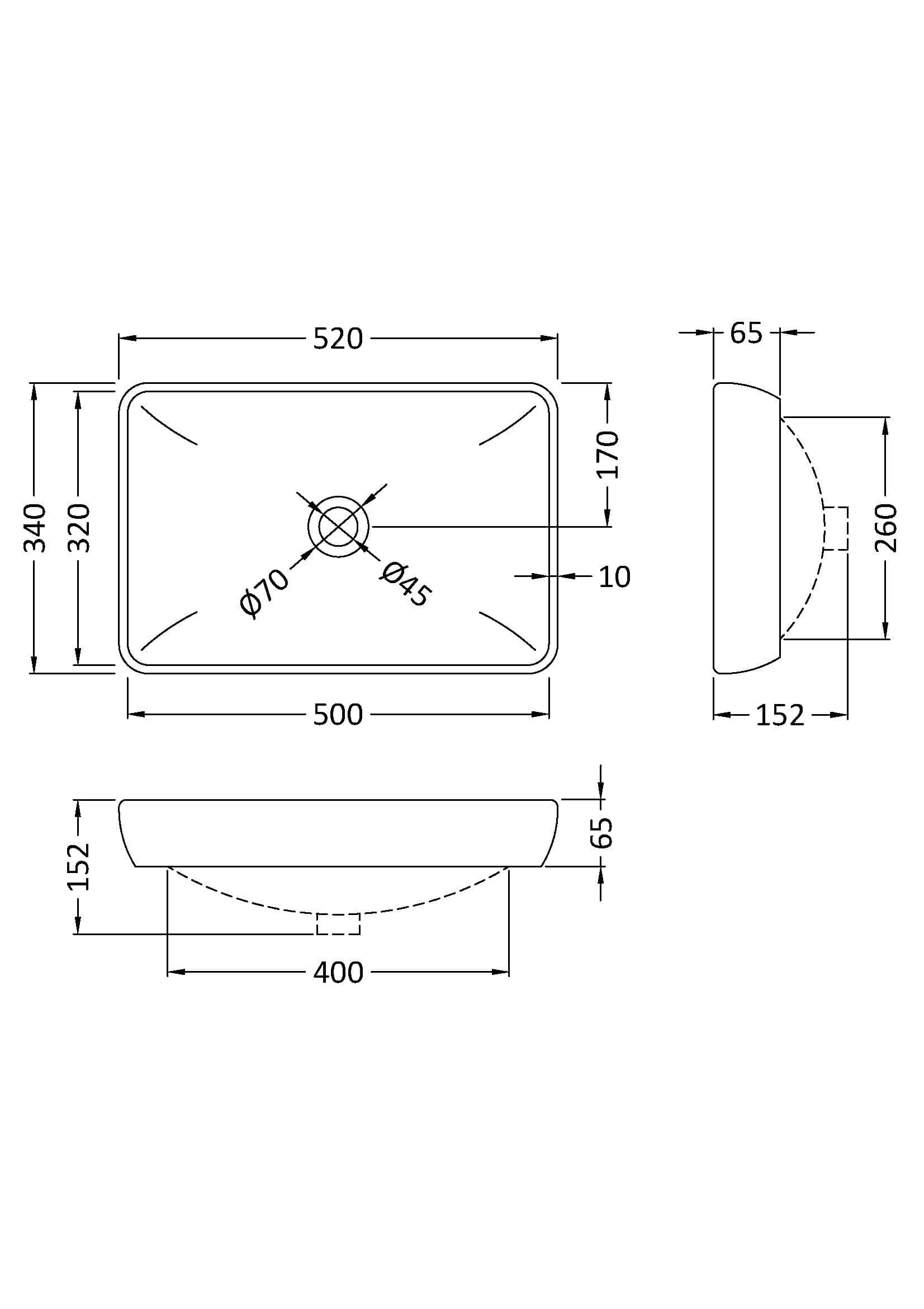 Aluminium bathroom sink with detailed dimensions and technical drawing for modern bathroom design. Perfect for renovation projects and bathroom layouts.