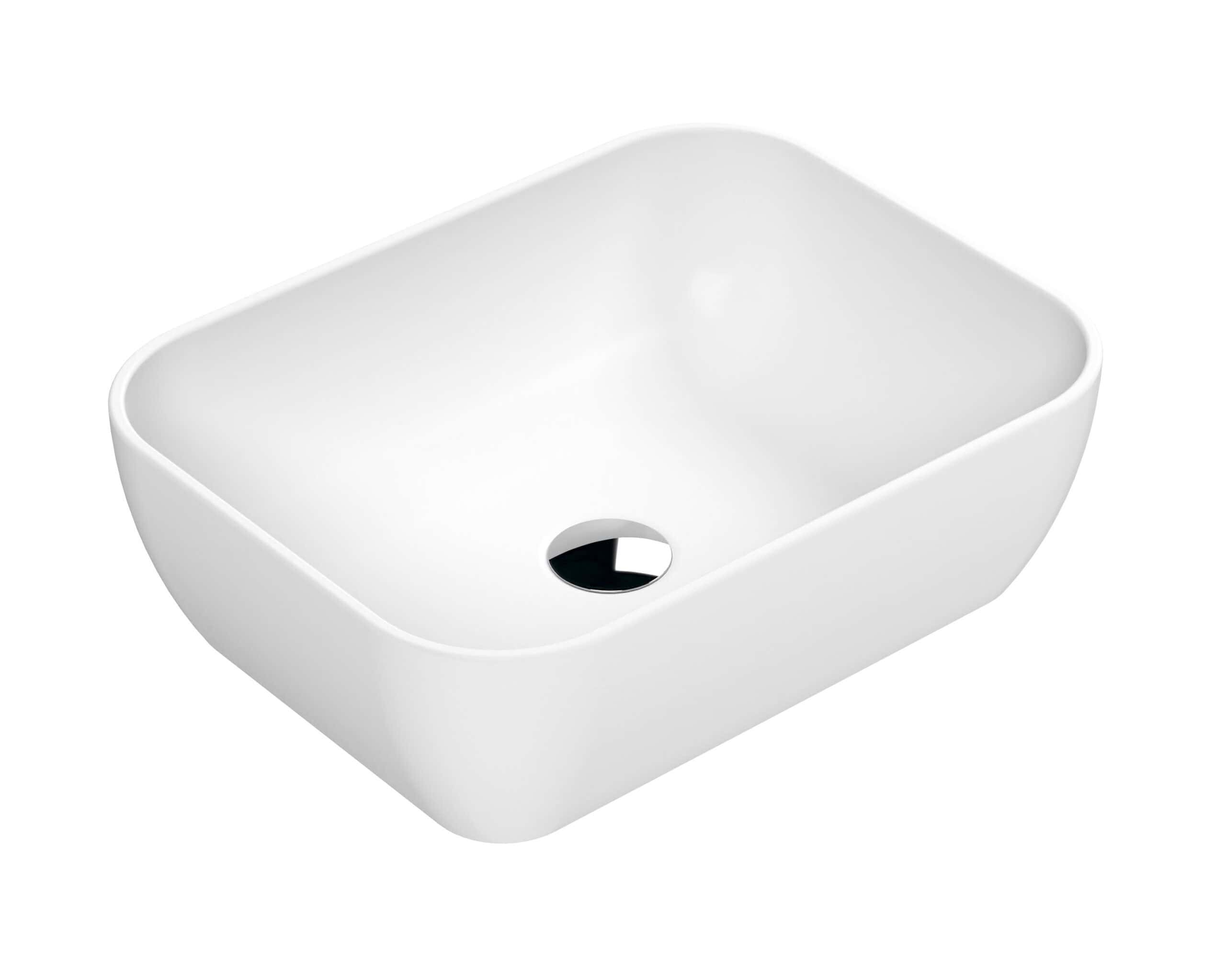 Sleek white rectangular bathroom wash basin with modern minimalist design, ideal for contemporary bathrooms or en-suites, featuring a smooth finish and a central drain hole.