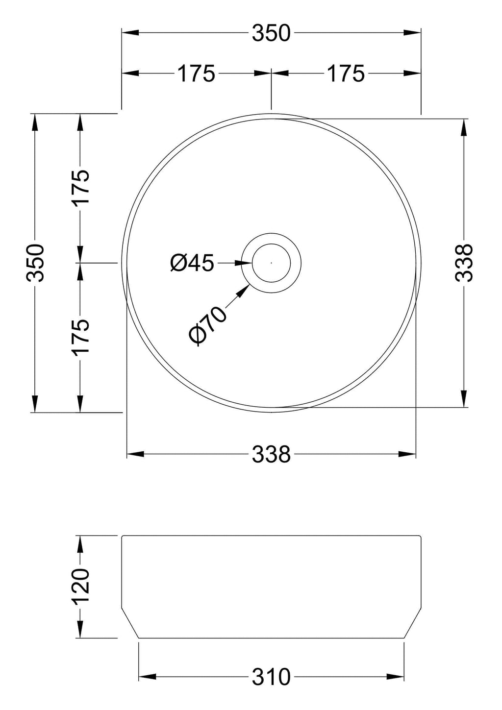 Sleek round bathroom sink with detailed dimensions, perfect for modern bathroom designs, featuring a 45mm drain hole and 70mm centre hole, crafted for durability and style.