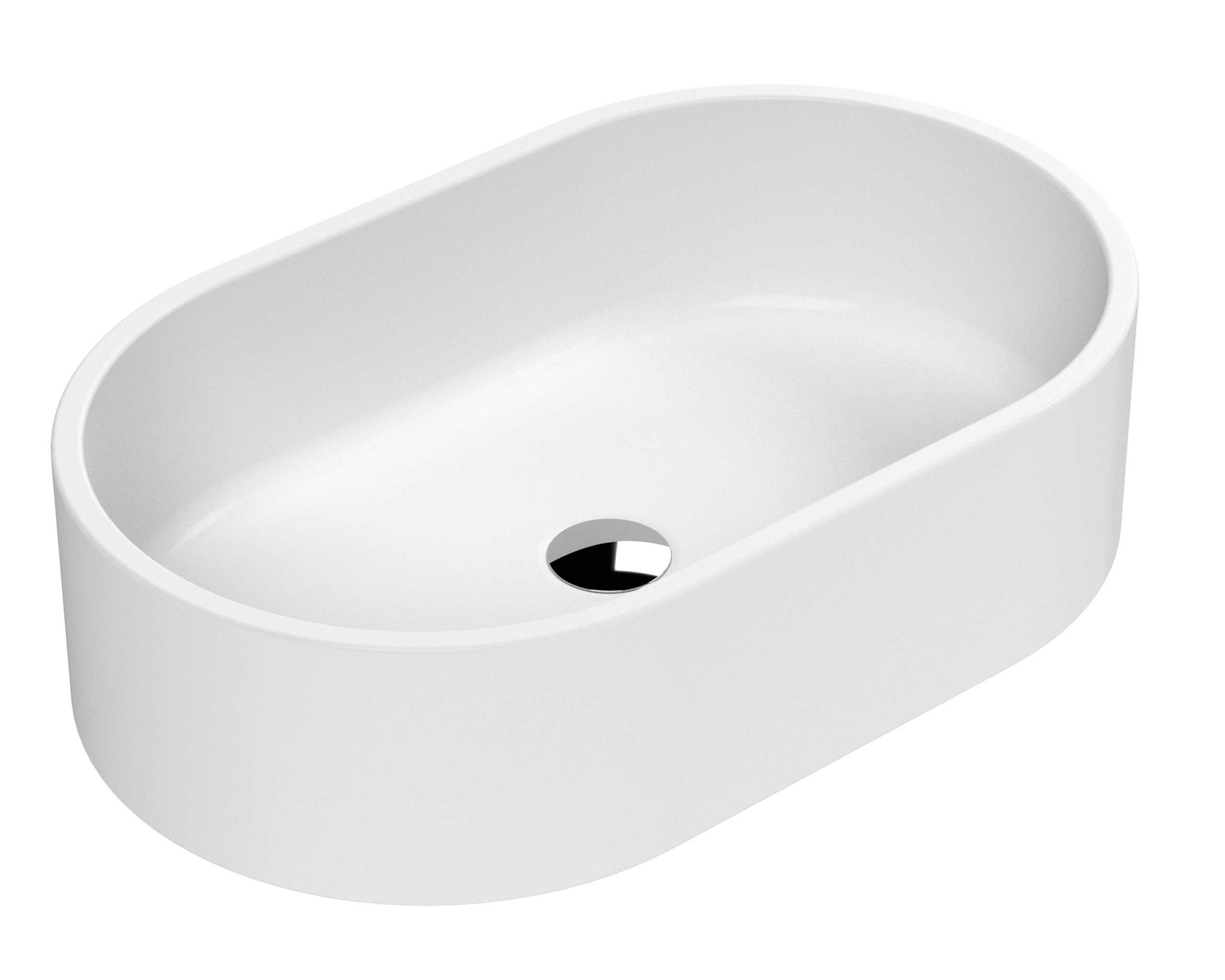 Sleek white oval bathroom sink with modern design, ideal for bathrooms and vanity units, featuring a smooth surface and central drain hole, perfect for contemporary bathroom renovations.