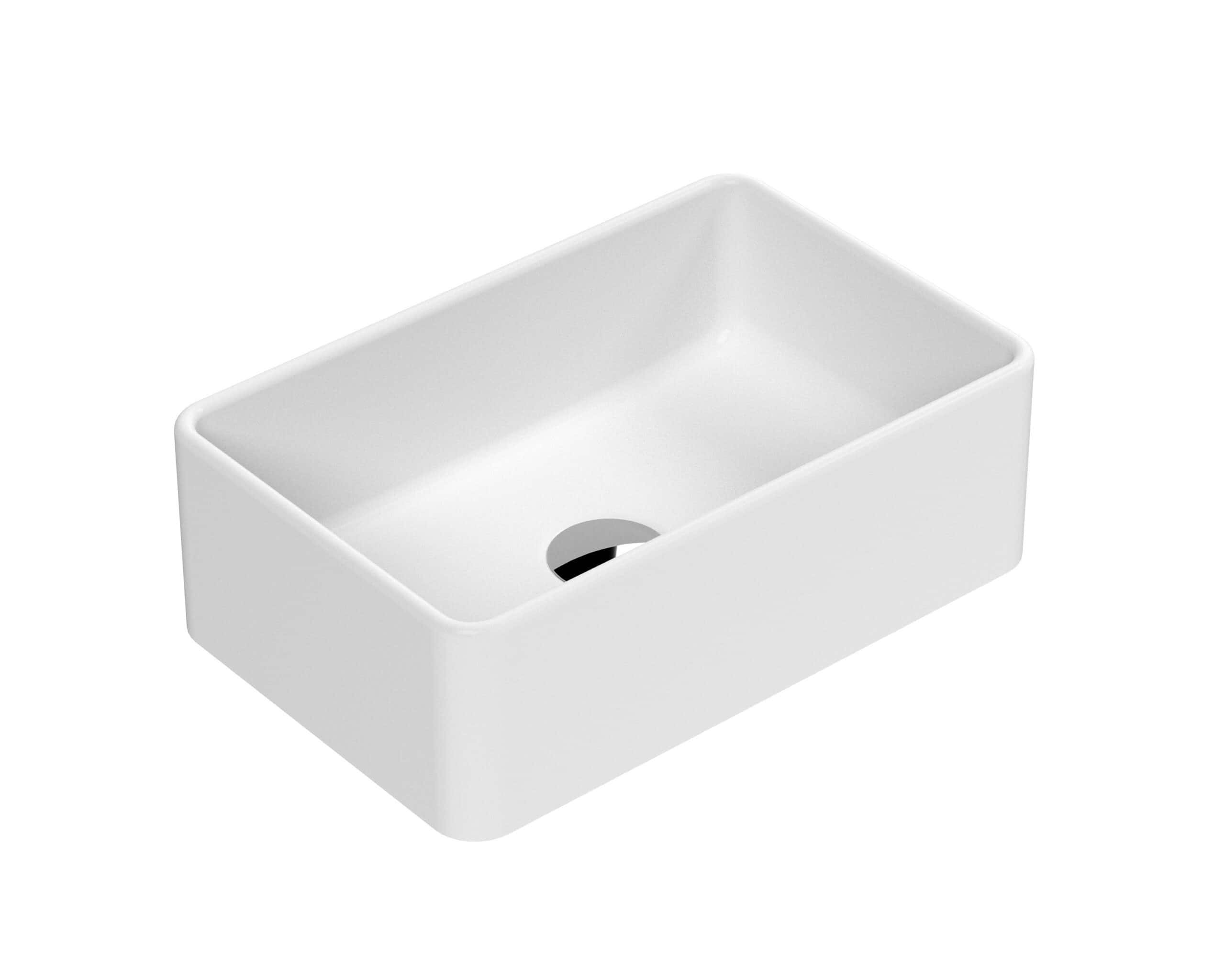 Sleek white bathroom sink with square basin, ideal for modern bathroom designs, featuring durable ceramic construction and a central drainage outlet for efficient water flow.