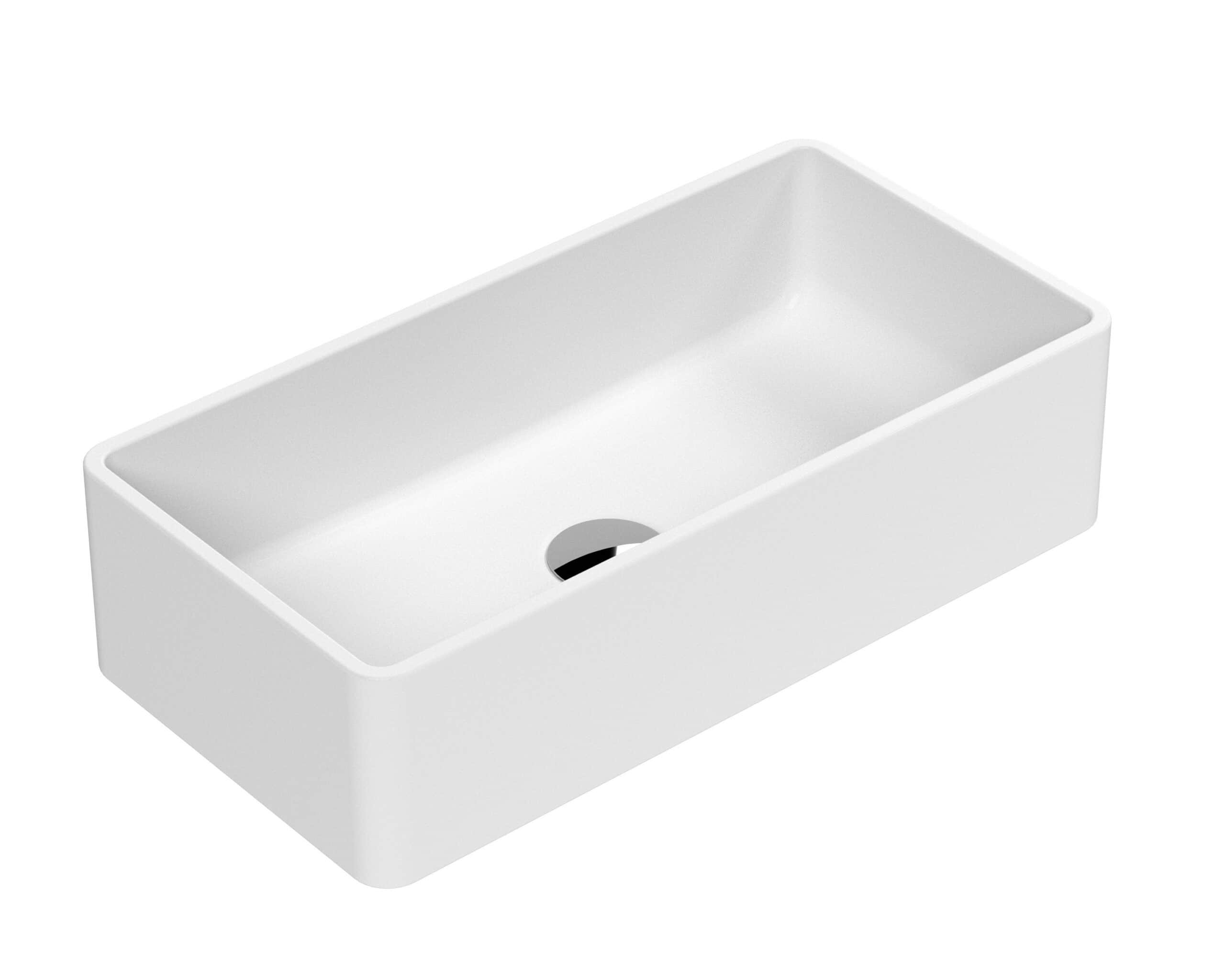 Sleek white rectangular bathroom sink with modern design, ideal for contemporary bathroom renovations and installations. Perfect for enhancing bathroom aesthetics and functionality.