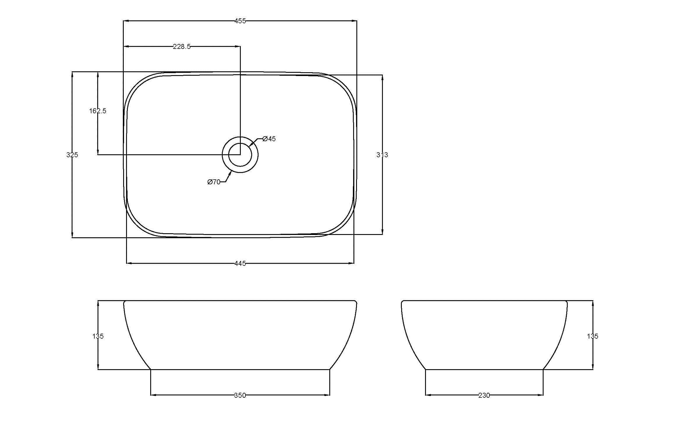 Schematic technical drawing of a bathroom sink with detailed dimensions and measurements. Perfect for bathroom design, plumbing plans, and renovation projects.