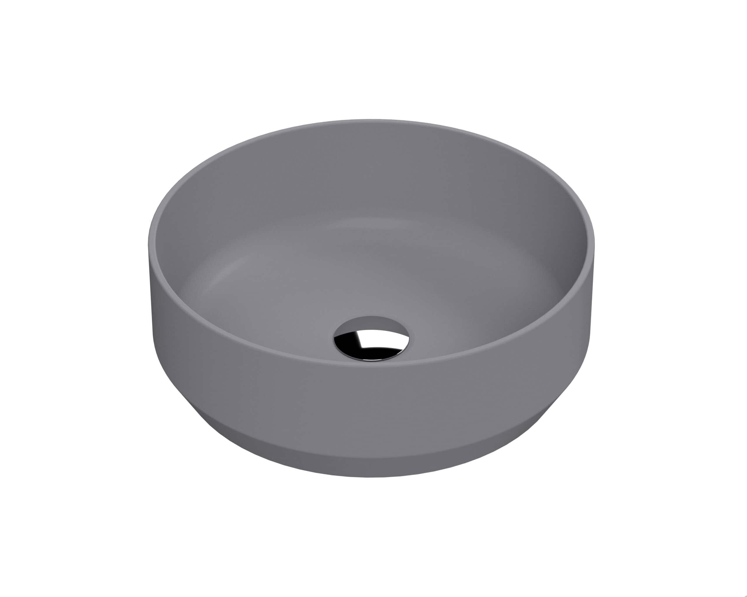 Smooth grey bathroom sink bowl, modern design, ceramic material, for stylish bathroom renovation and installations. Perfect for contemporary bathroom aesthetics.