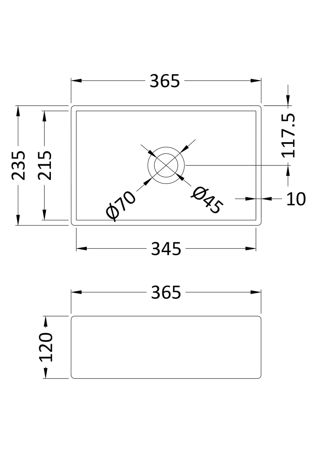 Smooth white rectangular kitchen sink with detailed measurements and drainage specifications for Bubly Bathrooms installations.