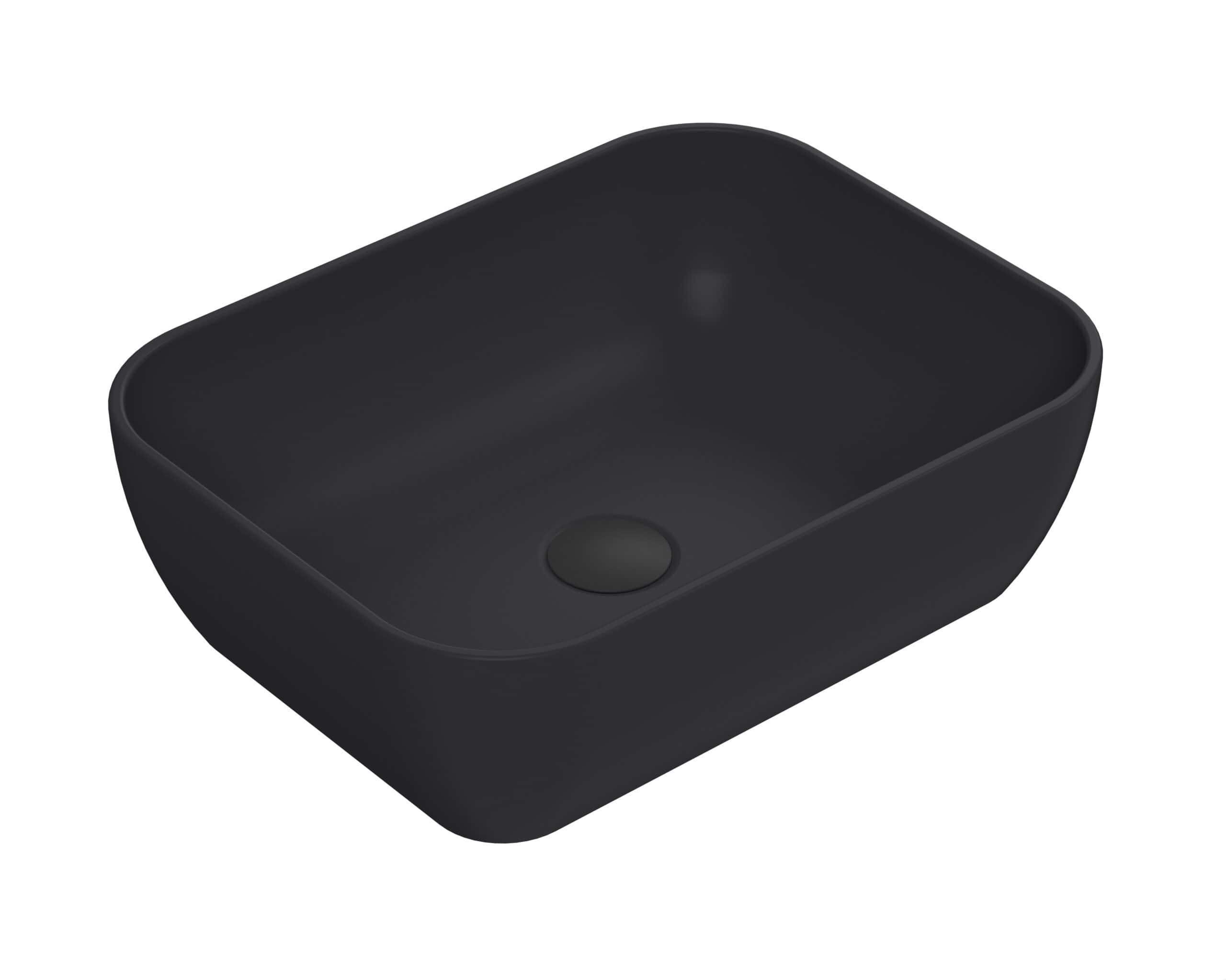 Black modern bathroom sink with sleek matte finish for contemporary bathroom designs. Perfect for stylish and functional bathroom renovations. Durable and easy to clean.