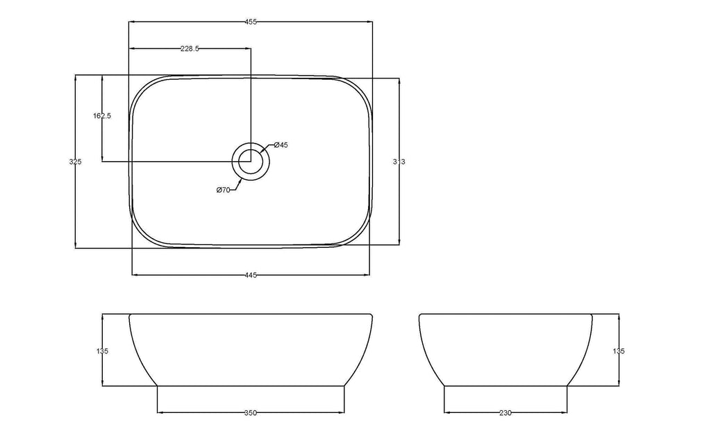 Sleek modern bathroom sink with precise dimensions and elegant design, perfect for contemporary bathroom renovations and installations.