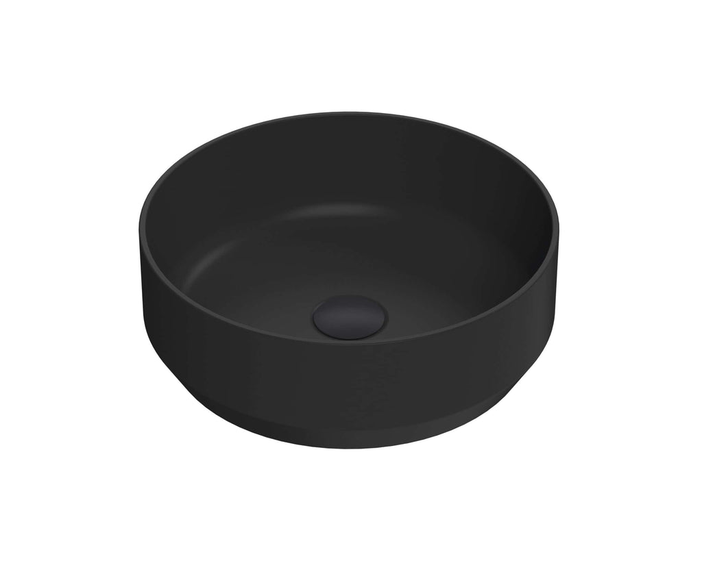Sleek black bathroom basin with matte finish, modern minimalist design, perfect for contemporary bathroom interiors, durable ceramic material, with a central drain hole for easy installation.