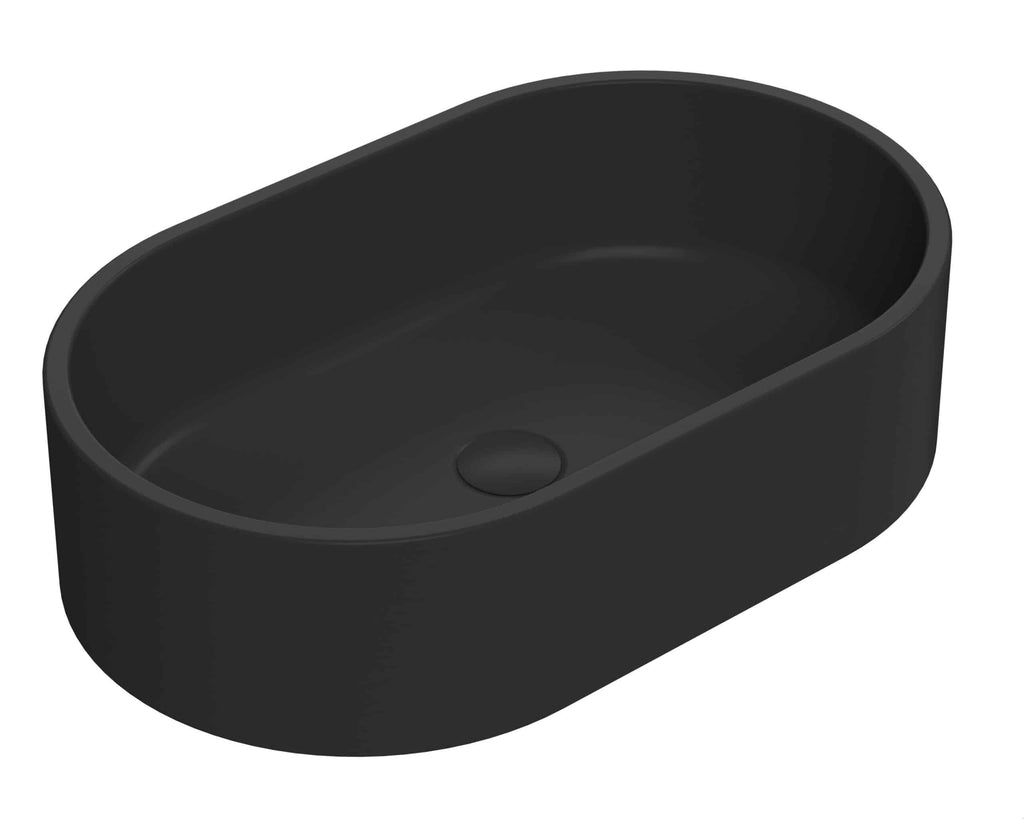 Sleek black bathroom washbasin with smooth oval design, modern and minimalist style, perfect for contemporary bathrooms and vanity units, high-quality ceramic material.