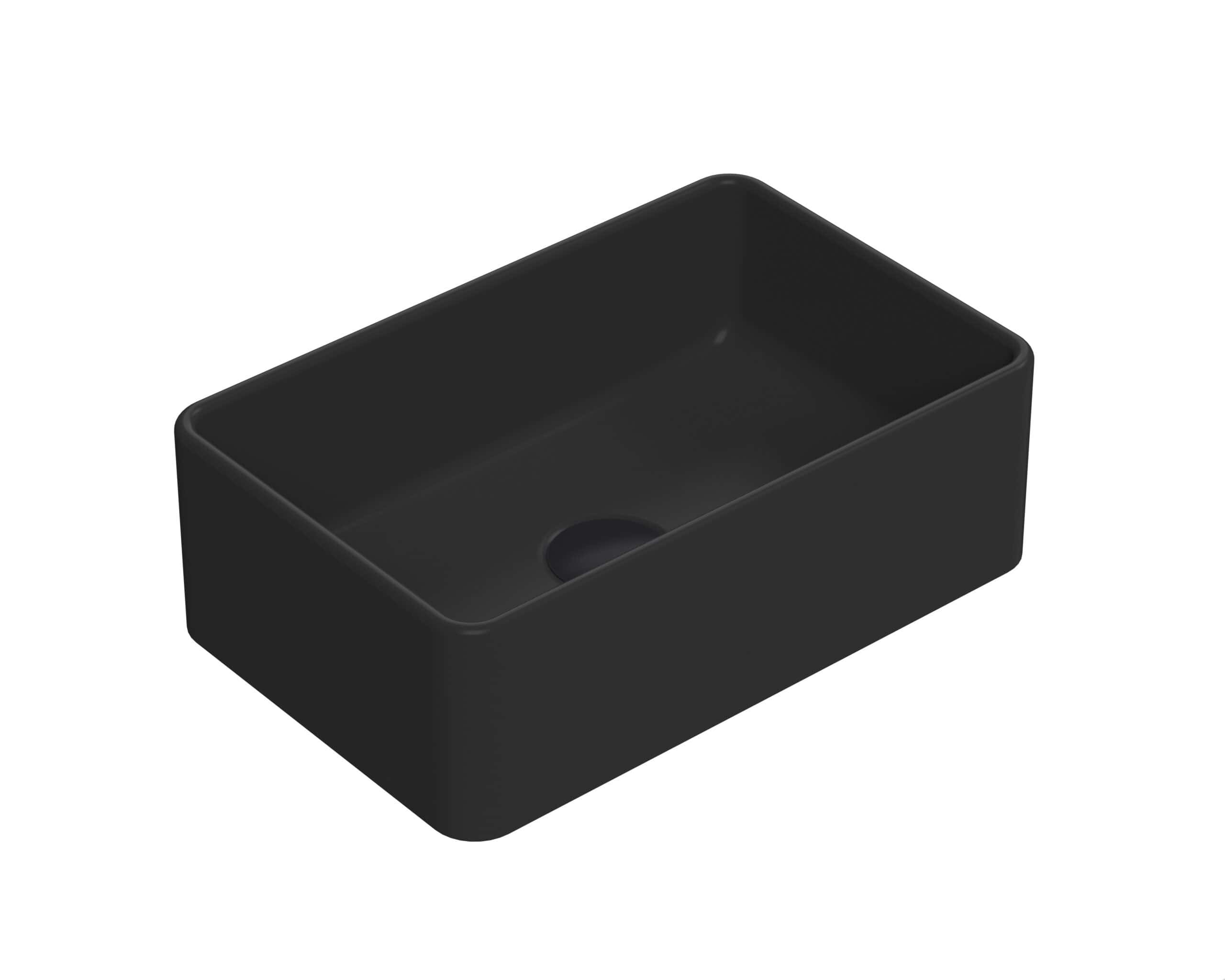 Sleek black bathroom sink with modern rectangular design, ideal for contemporary bathroom decor, durable ceramic material, perfect for stylish and functional bathroom upgrades.