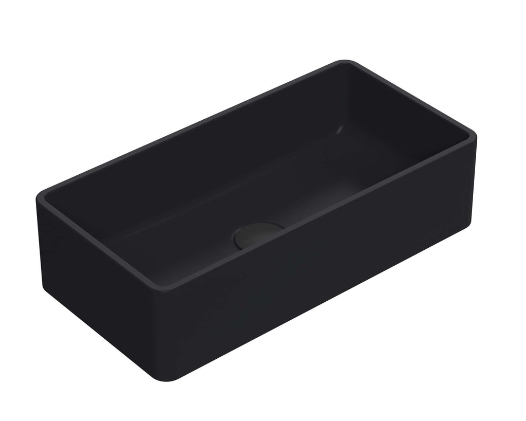Sleek black rectangular bathroom sink with modern minimalist design, ideal for contemporary bathroom renovations and stylish washbasins.