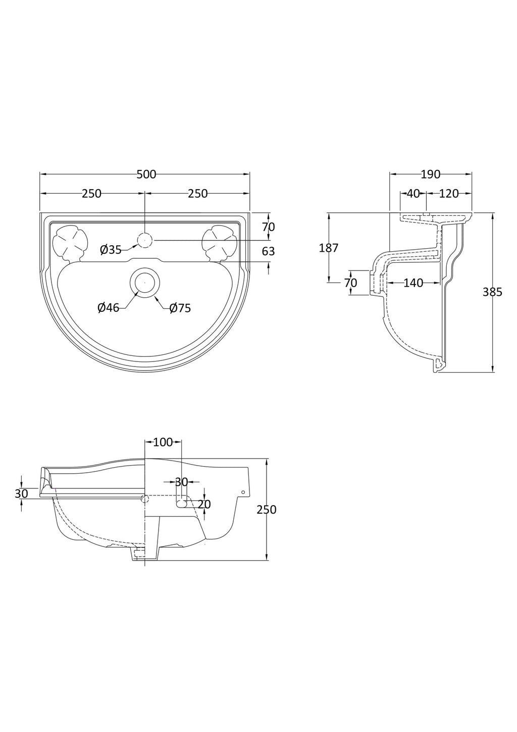 High-quality technical drawing of Bubly Bathrooms sanitaryware with detailed dimensions and specifications for installation and design.