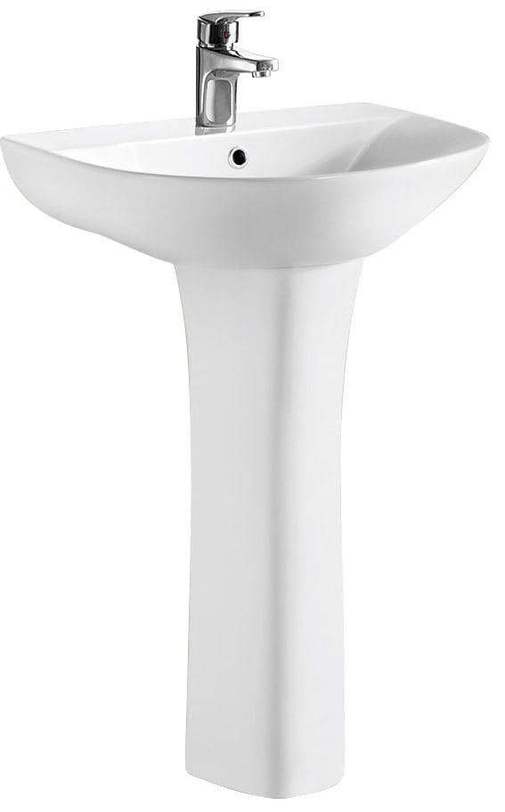 Shallow basin pedestal washbasin with single-lever mixer tap, ideal for modern bathroom designs.