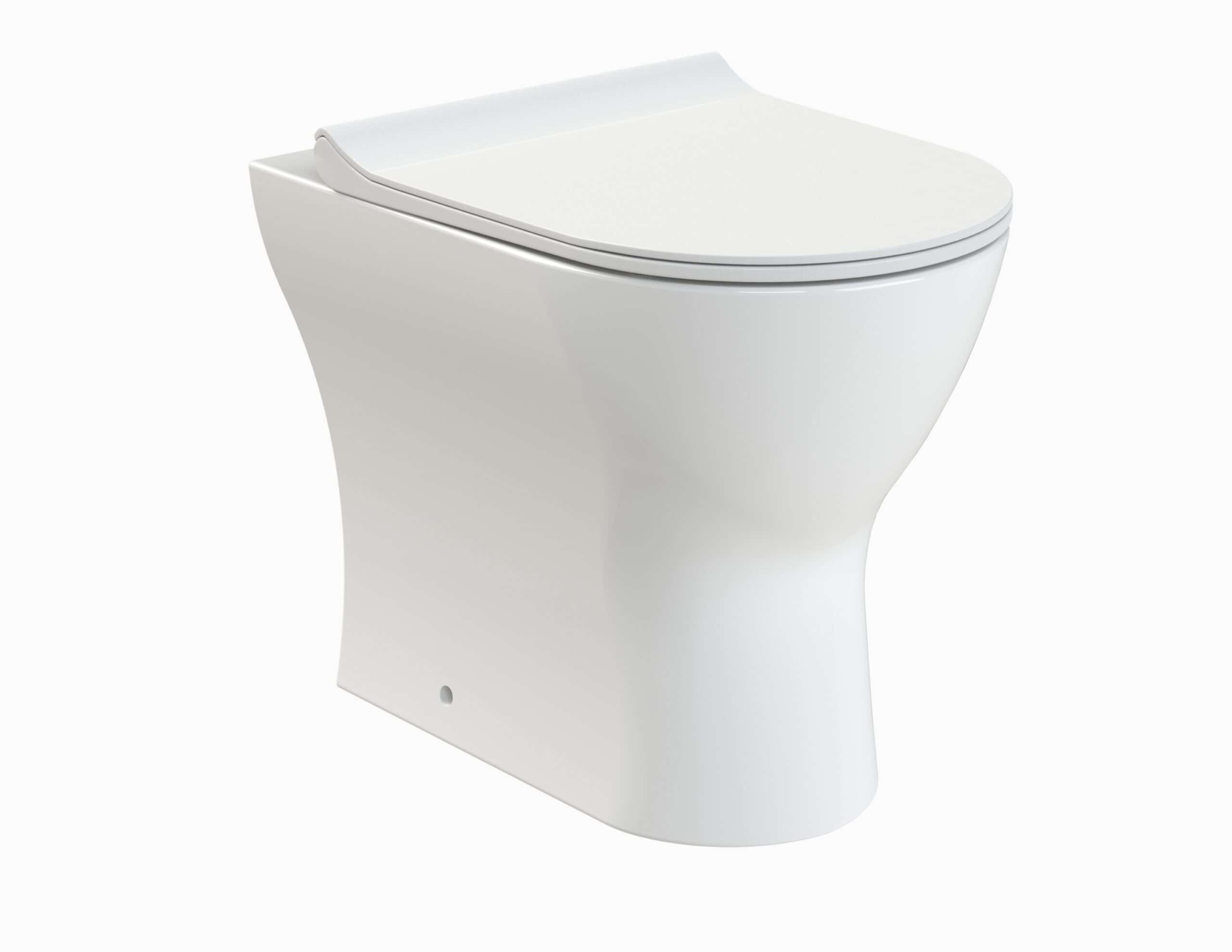 Sleek modern white toilet with soft-close lid, ideal for upgrading bathroom comfort and style. Perfect for contemporary bathroom design.