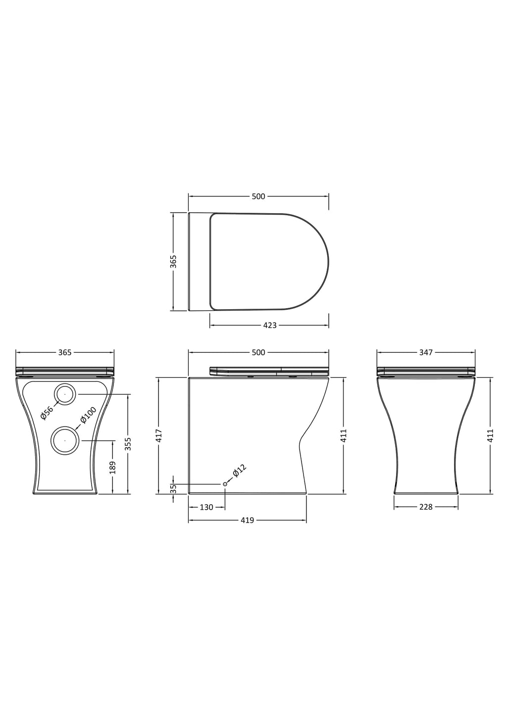 Modern ceramic toilet with detailed technical drawings for bathroom renovation and design.