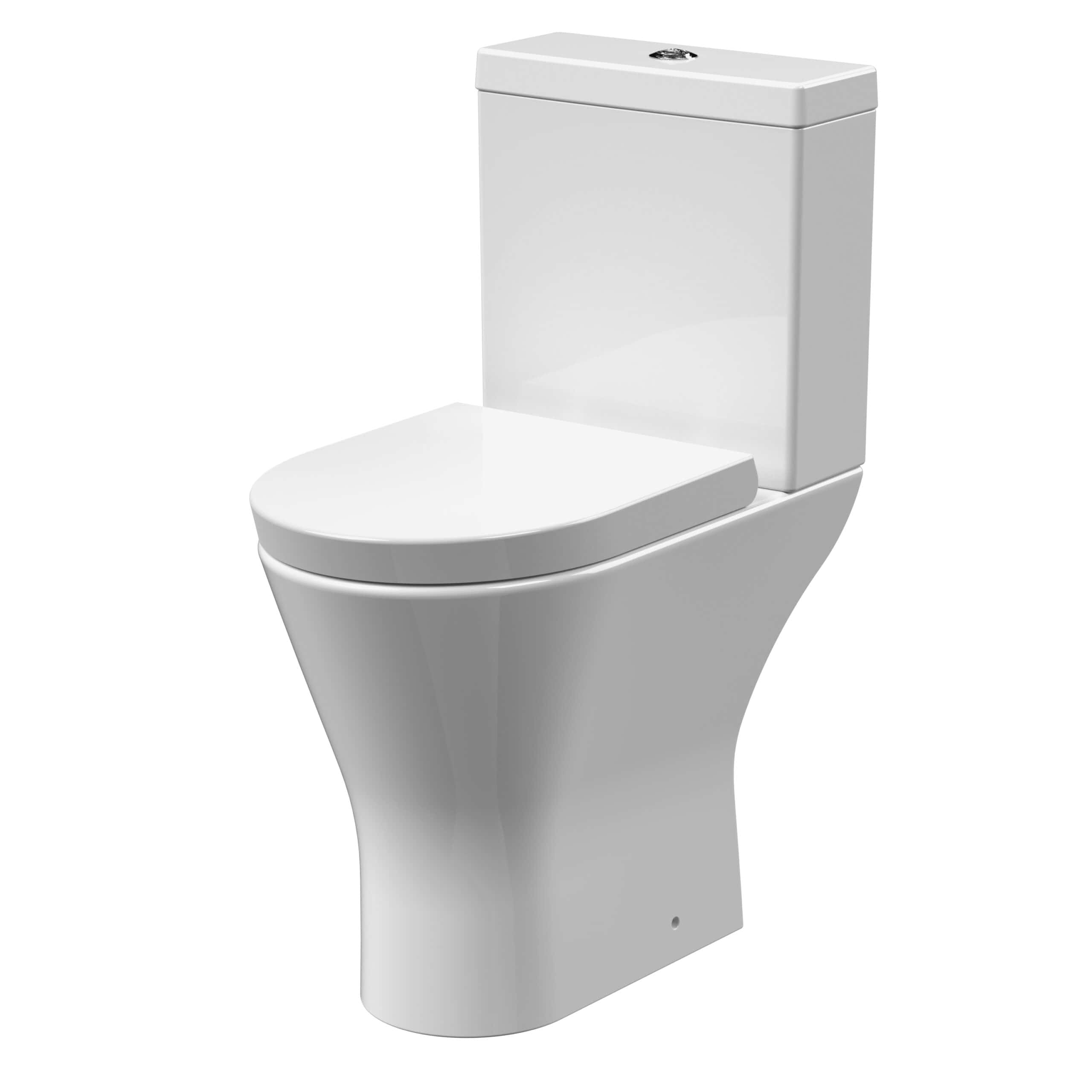 Modern white close-coupled toilet with sleek design, suitable for contemporary bathrooms, offering comfort and functionality for everyday use.