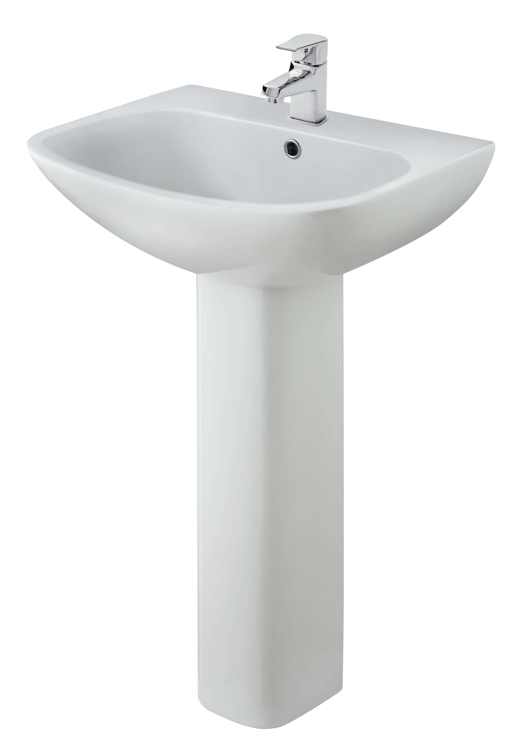Bathroom sink with modern chrome tap on white pedestal, ideal for contemporary bathroom renovation, featuring durable ceramic material and sleek design for optimal bathroom functionality.
