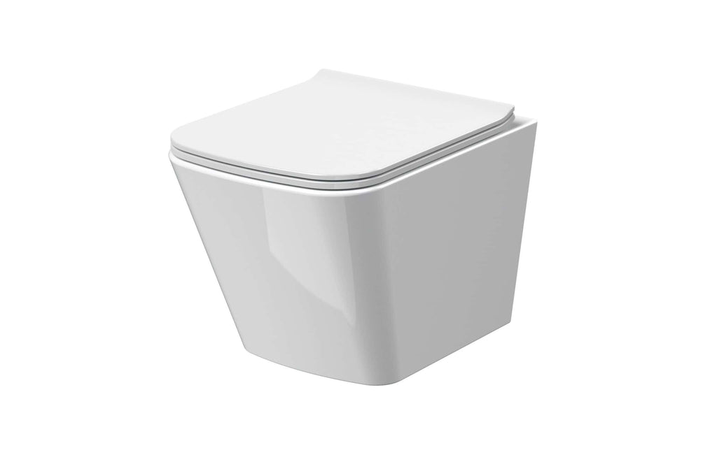Sleek white modern toilet with a closed lid, perfect for contemporary bathroom designs and compact spaces, combining style and functionality.