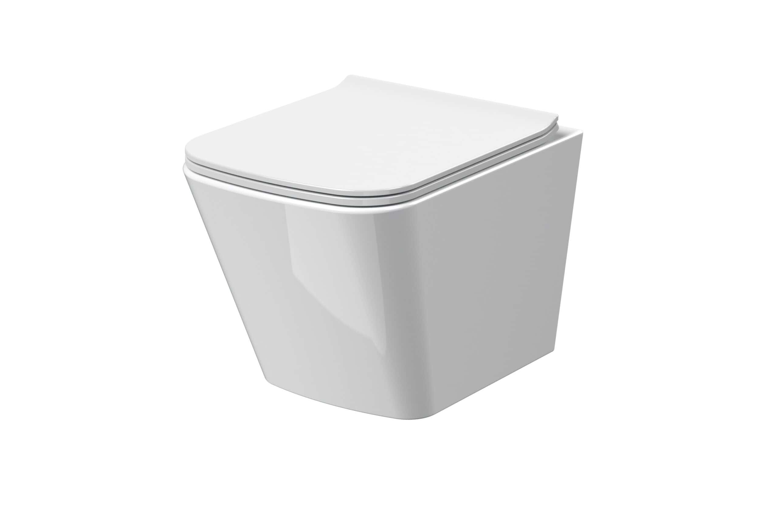 Sleek white modern toilet with a closed lid, perfect for contemporary bathroom designs and compact spaces, combining style and functionality.