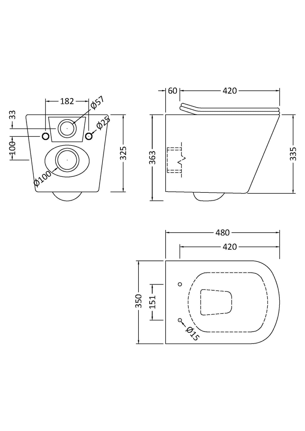 Schematic technical drawing of a modern bathroom toilet with detailed dimensions and measurements for installation. Perfect for bathroom design and renovation projects.